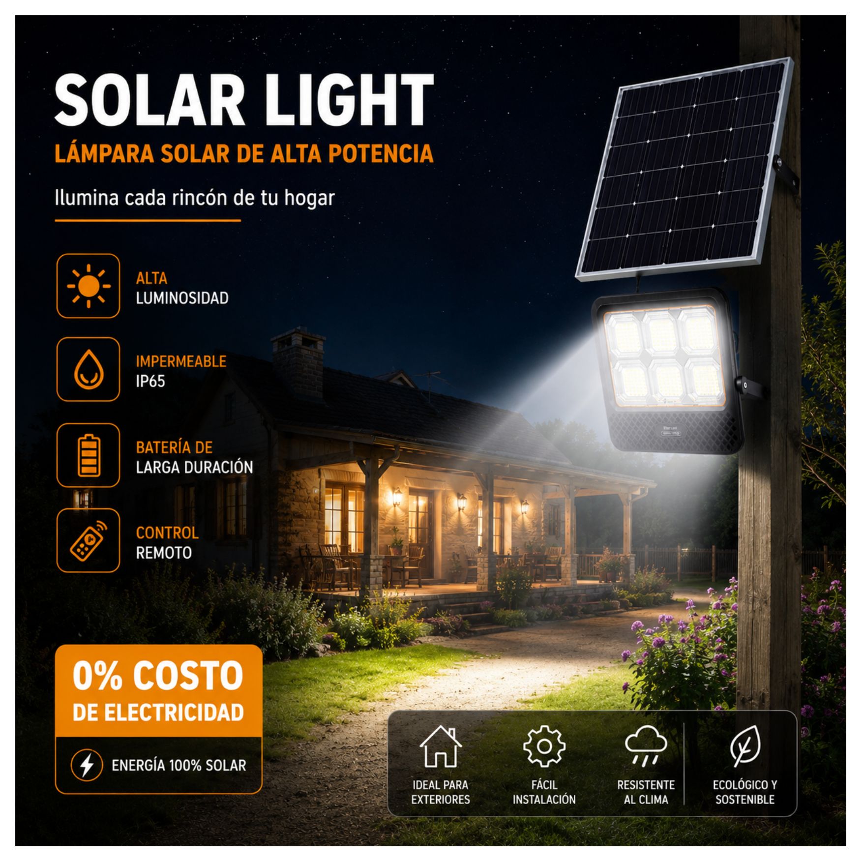 REFLECTOR FAROLA LUZ LED 600W PANEL SOLAR CON CONTROL REMOTO PARA EXTERIOR CASA DE CAMPO, JARDÍN - 2