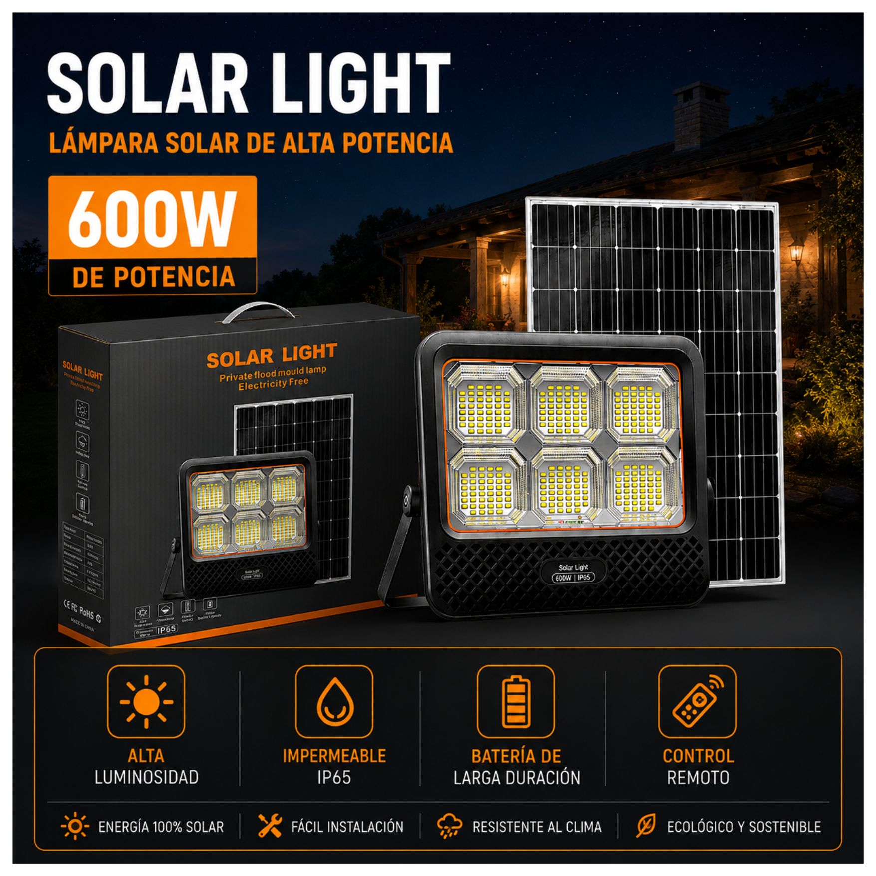 REFLECTOR FAROLA LUZ LED 600W PANEL SOLAR CON CONTROL REMOTO PARA EXTERIOR CASA DE CAMPO, JARDÍN - 3