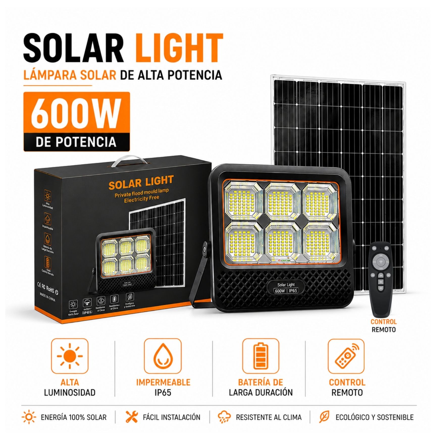 REFLECTOR FAROLA LUZ LED 600W PANEL SOLAR CON CONTROL REMOTO PARA EXTERIOR CASA DE CAMPO, JARDÍN - 6
