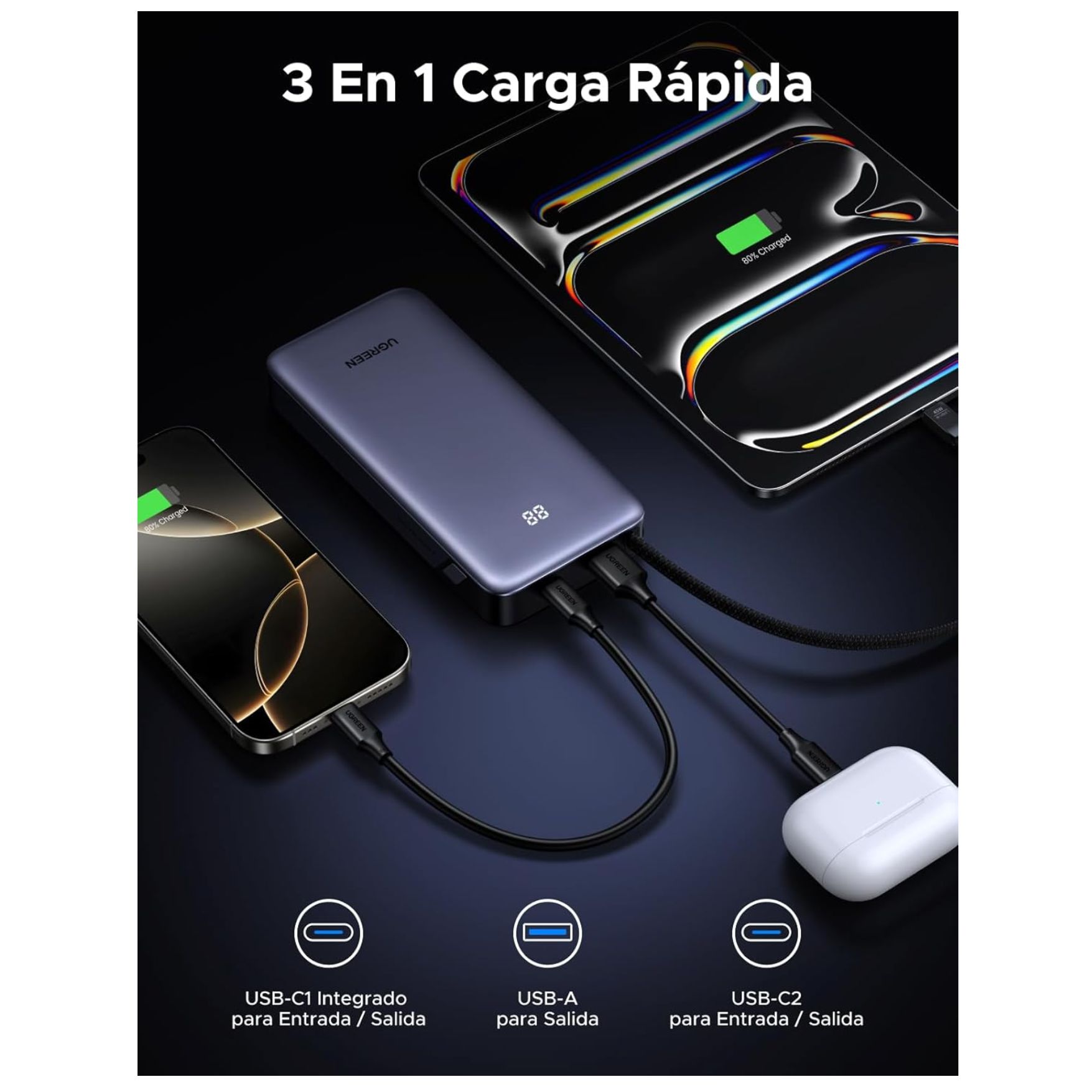 POWER BANK UGREEN 20000MAH 45W, BATERÍA PORTÁTIL CON CABLE INTEGRADO PARA LAPTOP Y CELULAR - 5