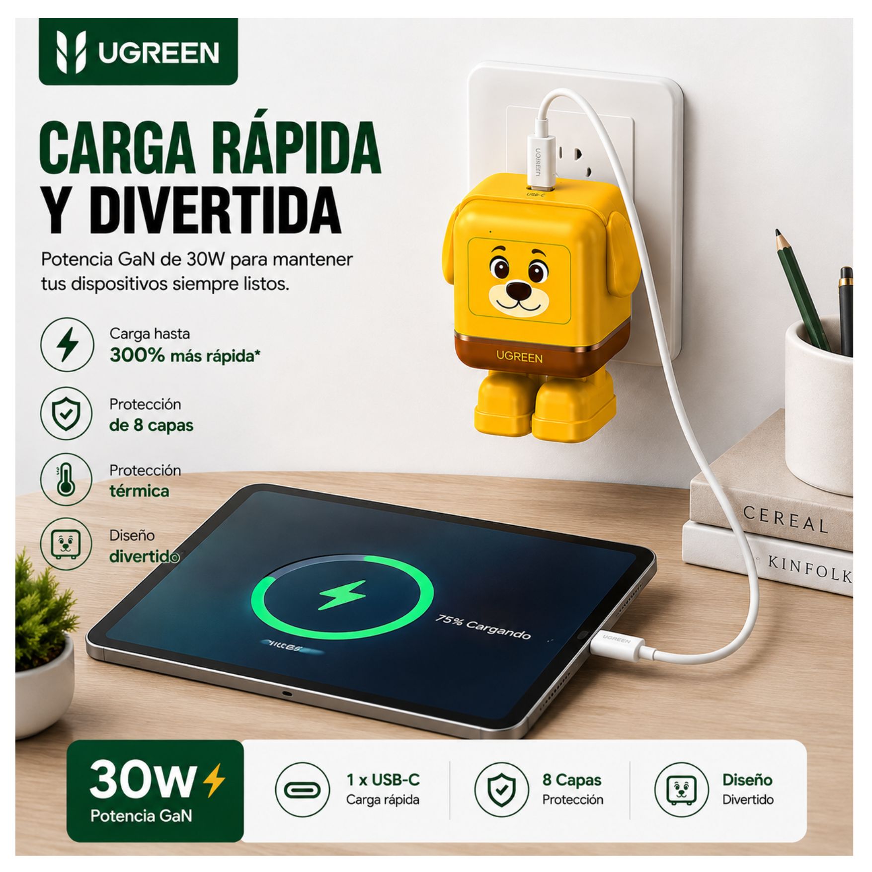CARGADOR UGREEN TYPE C CARGA RAPIDA 30W GAN MINI ROBOT PARA IPHONE SAMSUNG XIAOMI OPPO HONOR - 4