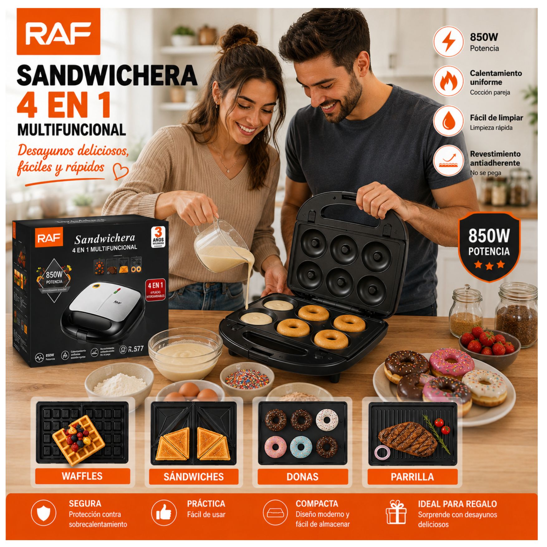 MAQUINA RAF PARA HACER DONUTS DONAS, SANDWICHERA, WAFLERA, PARRILLA CARNES 4 EN 1 RAF R577 - 5