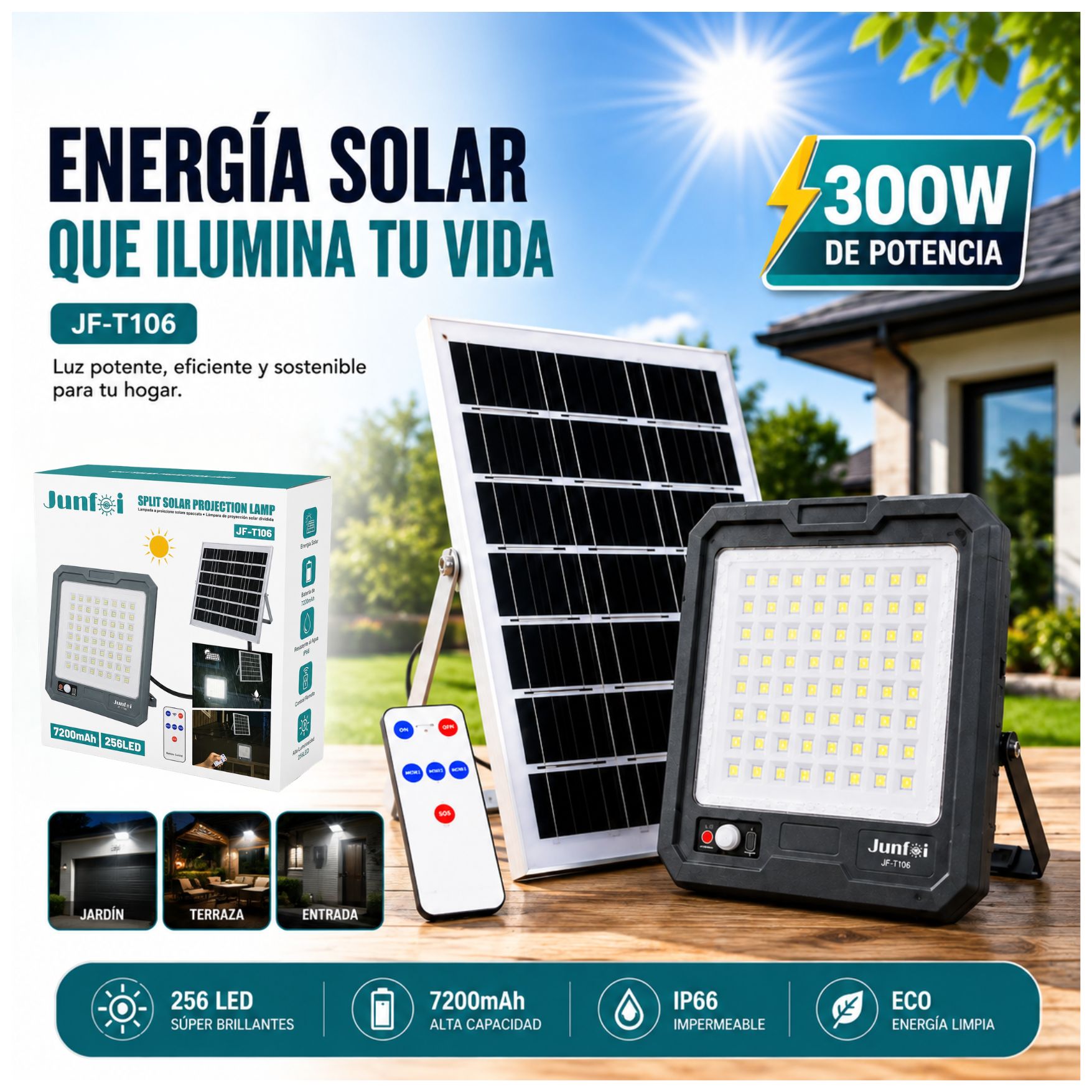 REFLECTOR SOLAR LUZ LED EXTERIOR 300W CON CONTROL Y SENSOR DE MOVIMIENTO, 7200MAH PARA JARDINES - 1