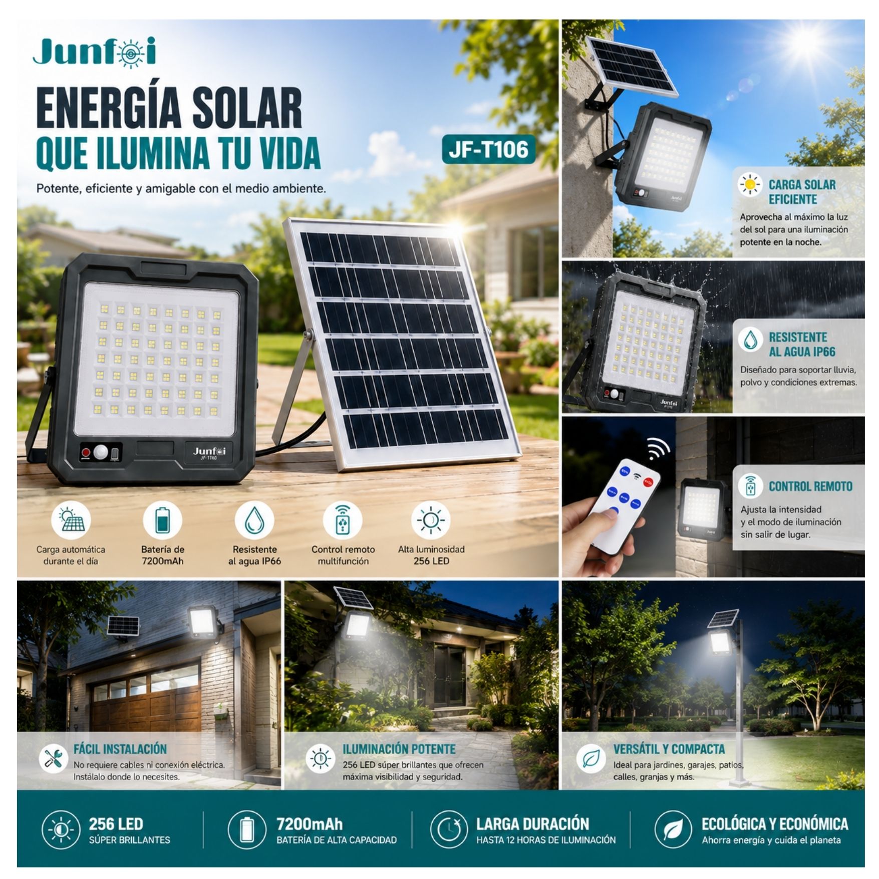 REFLECTOR SOLAR LUZ LED EXTERIOR 300W CON CONTROL Y SENSOR DE MOVIMIENTO, 7200MAH PARA JARDINES - 7