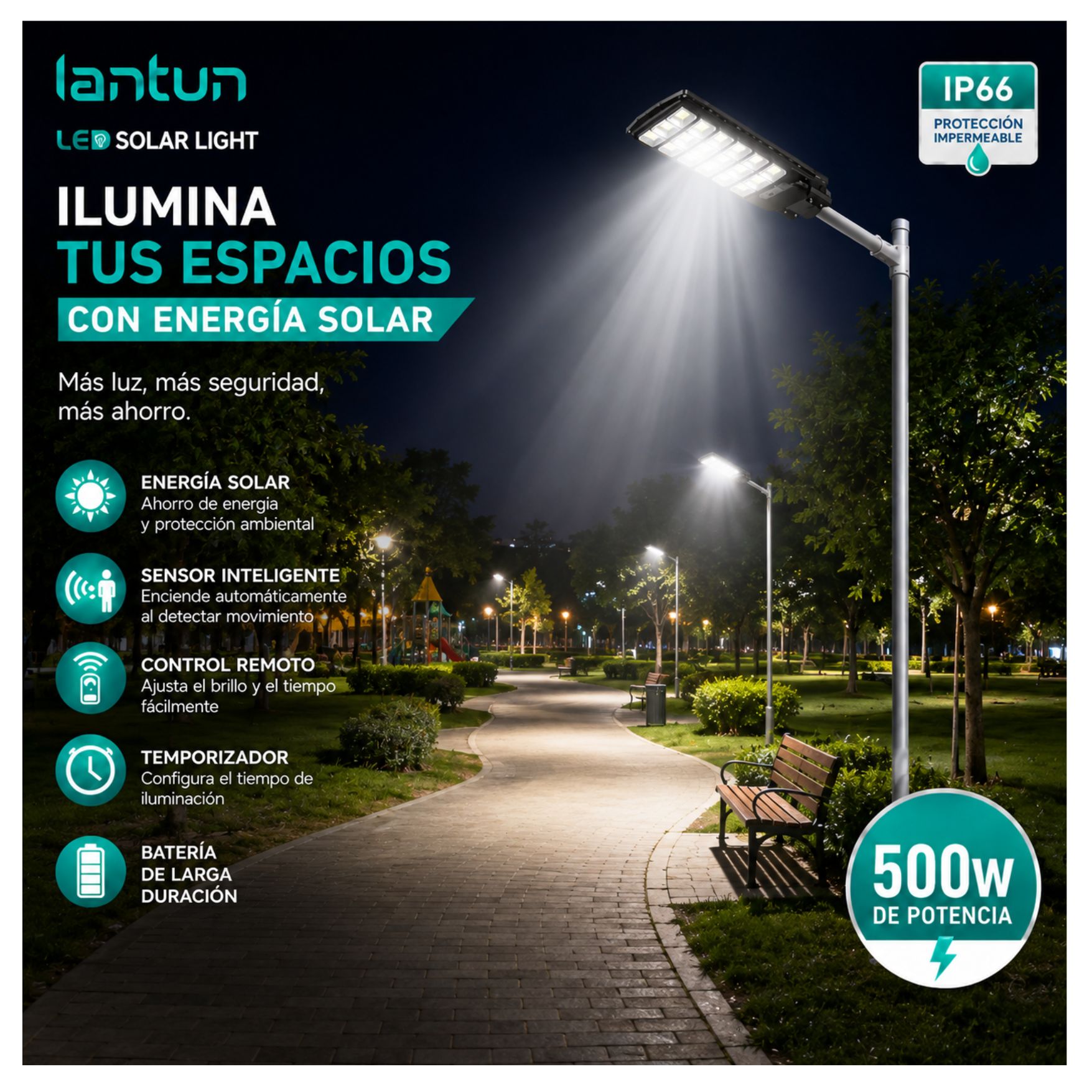 REFLECTOR FAROLA LUZ LED CON PANEL SOLAR LAMPARA ILUMINACIÓN SOLAR 500W + SOPORTE - 5