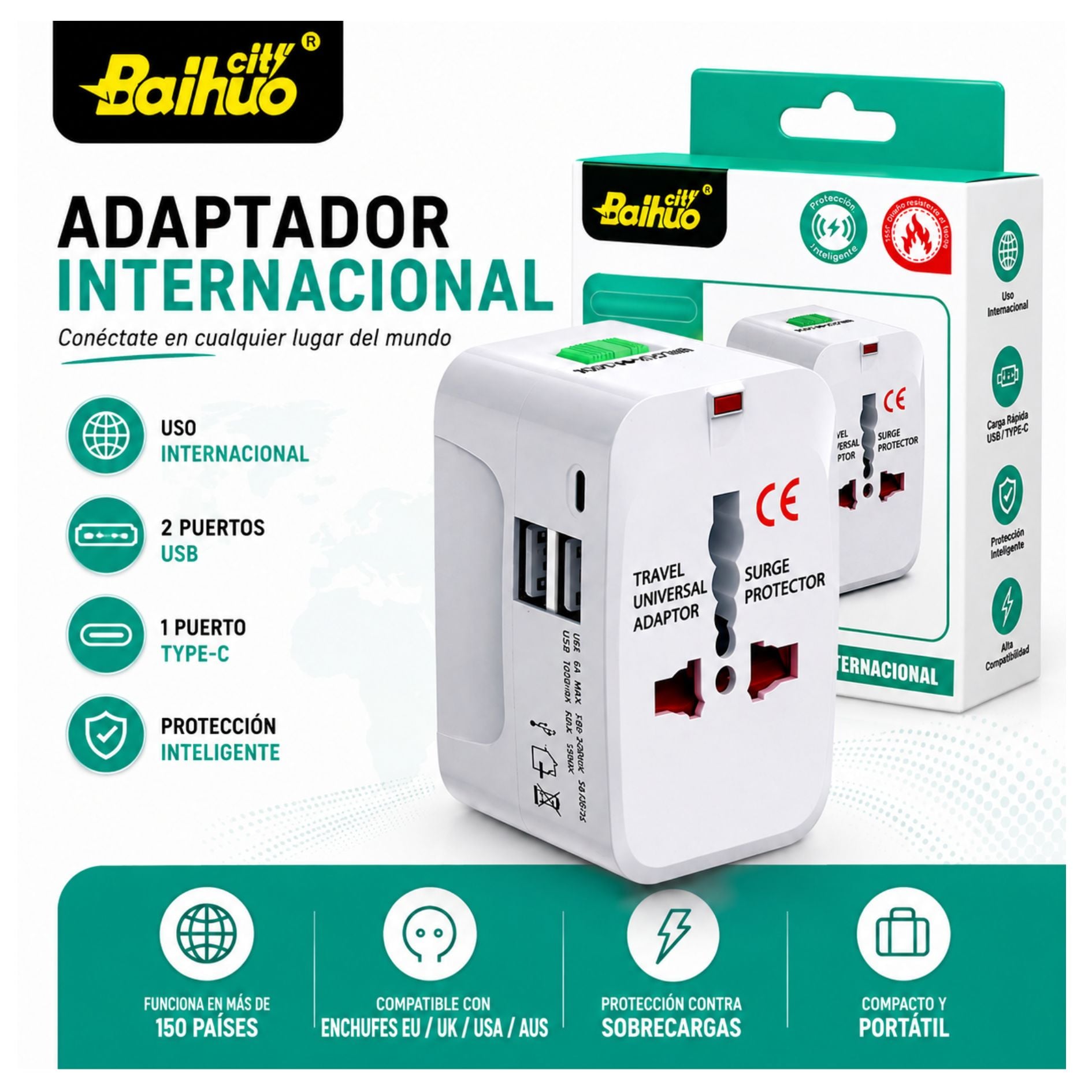 ADAPTADOR ENCHUFE UNIVERSAL DE VIAJE INTERNACIONAL CARGADOR USB , TYPE C COMPATIBLE 150 PAÍSES - 1