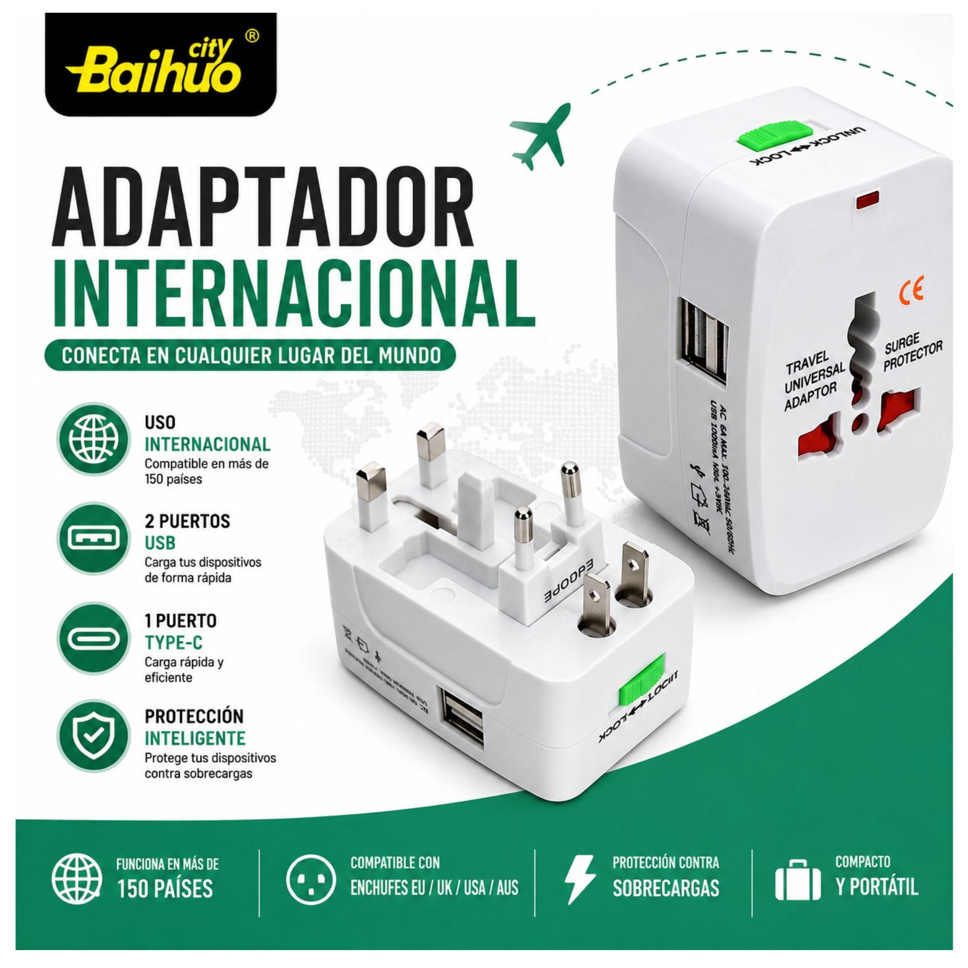 ADAPTADOR ENCHUFE UNIVERSAL DE VIAJE INTERNACIONAL CARGADOR USB , TYPE C COMPATIBLE 150 PAÍSES - 3