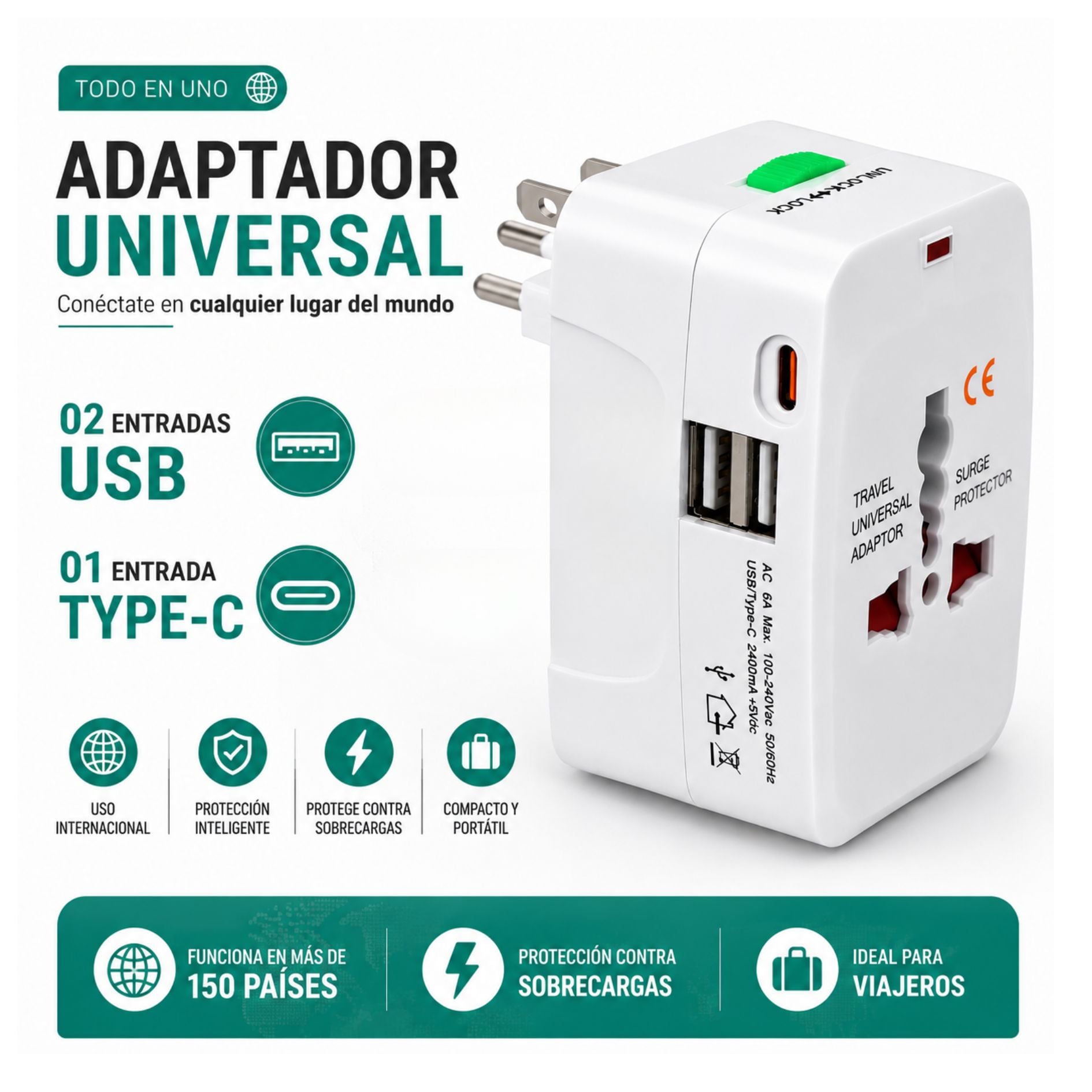ADAPTADOR ENCHUFE UNIVERSAL DE VIAJE INTERNACIONAL CARGADOR USB , TYPE C COMPATIBLE 150 PAÍSES - 4