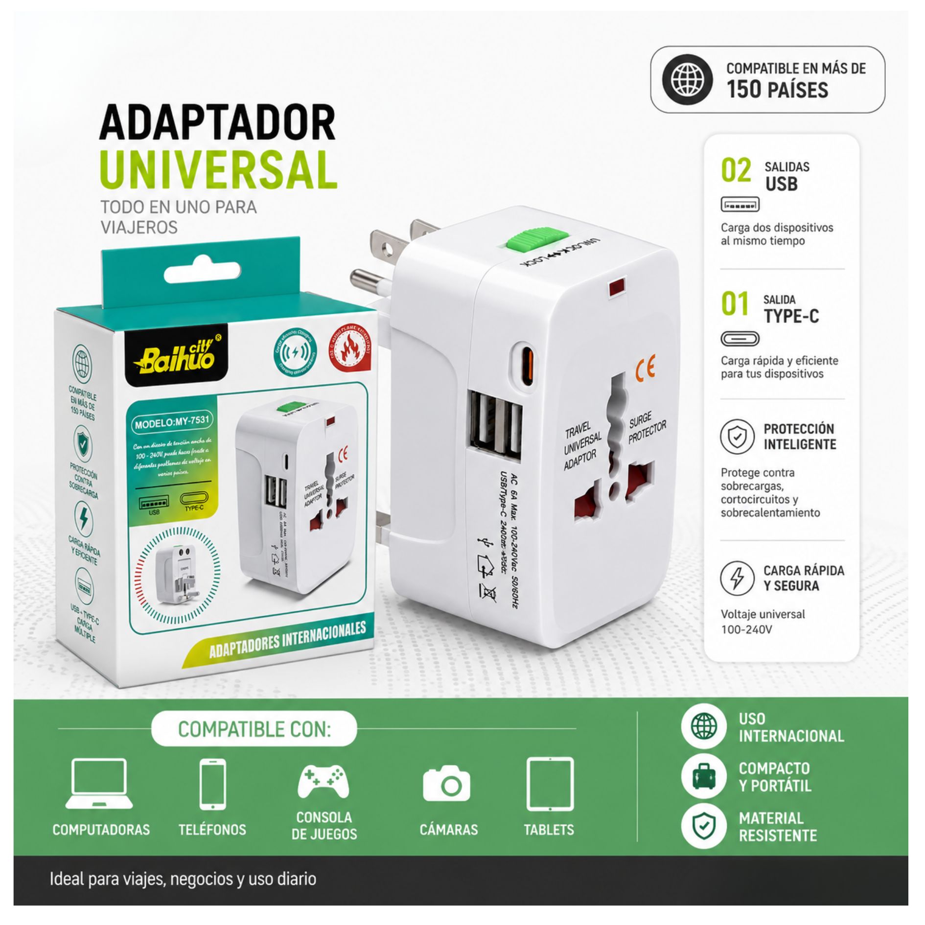 ADAPTADOR ENCHUFE UNIVERSAL DE VIAJE INTERNACIONAL CARGADOR USB , TYPE C COMPATIBLE 150 PAÍSES - 6