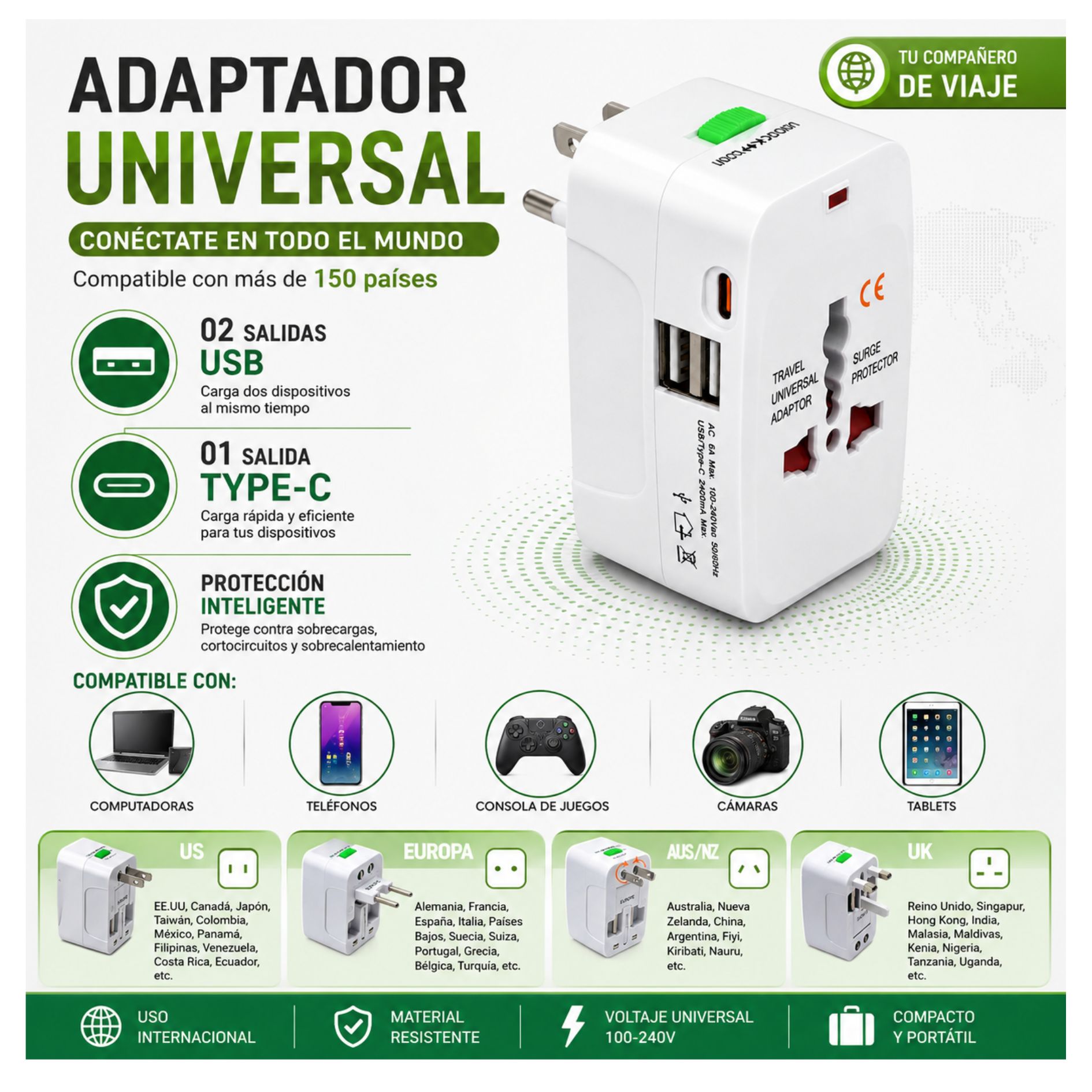 ADAPTADOR ENCHUFE UNIVERSAL DE VIAJE INTERNACIONAL CARGADOR USB , TYPE C COMPATIBLE 150 PAÍSES - 7