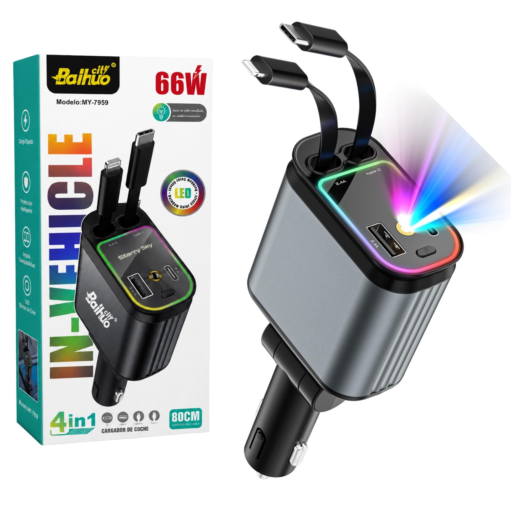 CARGADOR DE AUTO CON STARLIGHT, CARGA RAPIDA 66W TYPE C USB LIGHTNING CABLES RETRÁCTILES (80CM) - 1