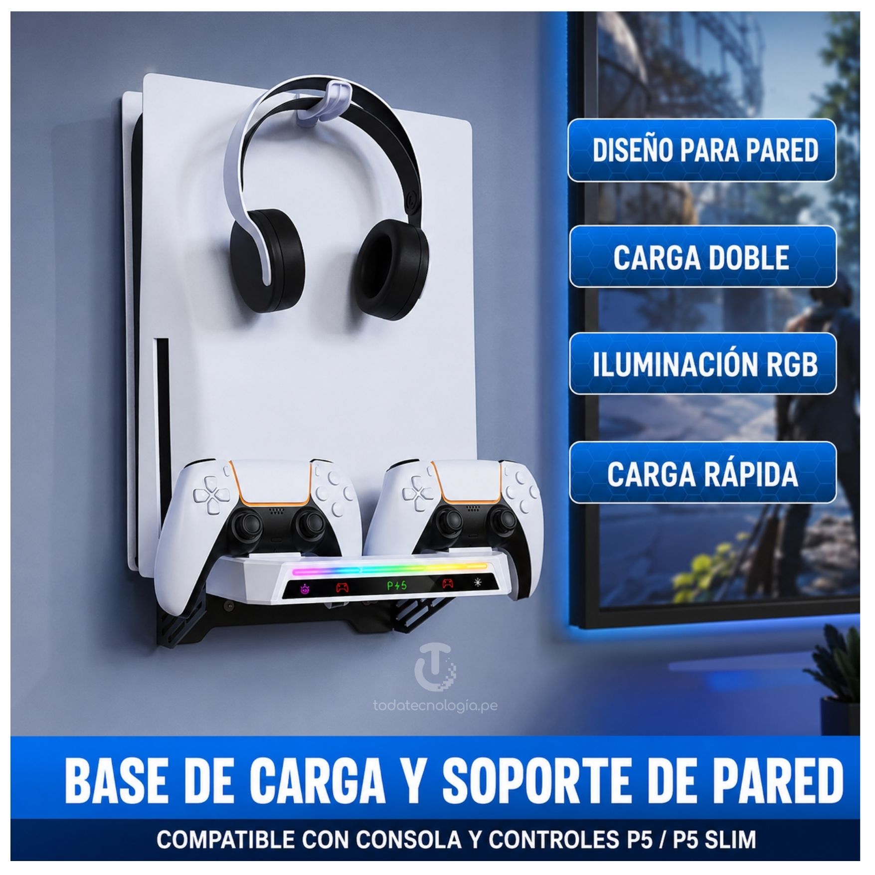 CARGADOR DE MANDO PS5 CON LUCES RGB BASE RACK SOPORTE METAL MONTADO EN LA PARED 3 EN 1 PS5 SLIM PRO - 2