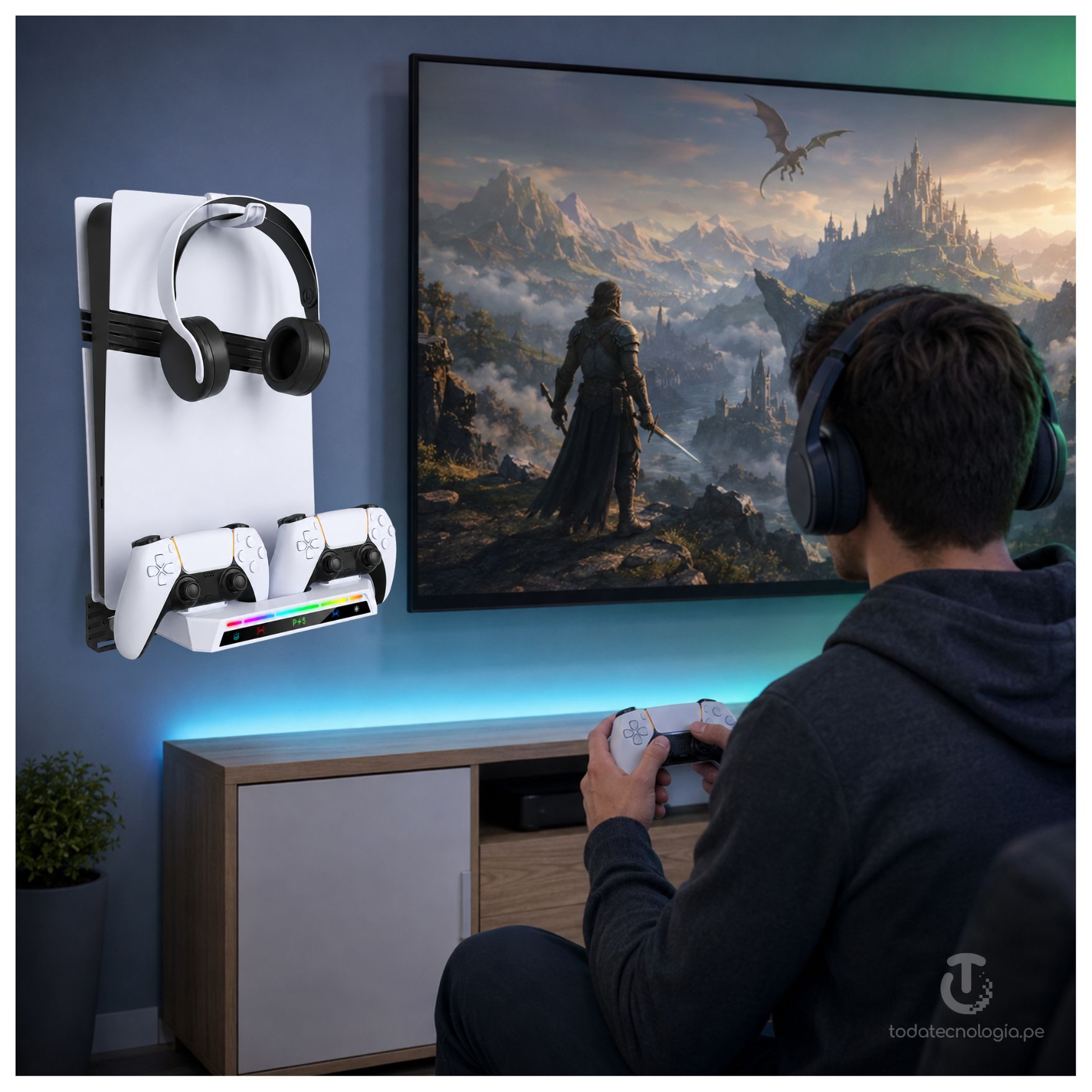 CARGADOR DE MANDO PS5 CON LUCES RGB BASE RACK SOPORTE METAL MONTADO EN LA PARED 3 EN 1 PS5 SLIM PRO - 3