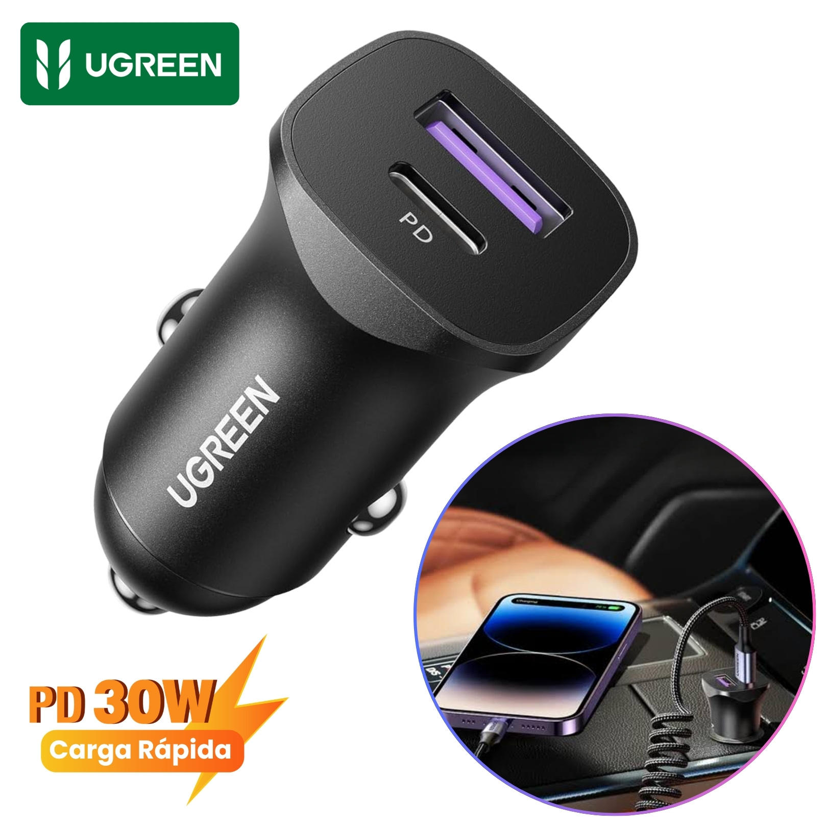 CARGADOR DE AUTO UGREEN CARGA RAPIDA DE PD 30W 22,5W PARA IPHONE  SAMSUNG XIAOMI OPPO HONOR - 1