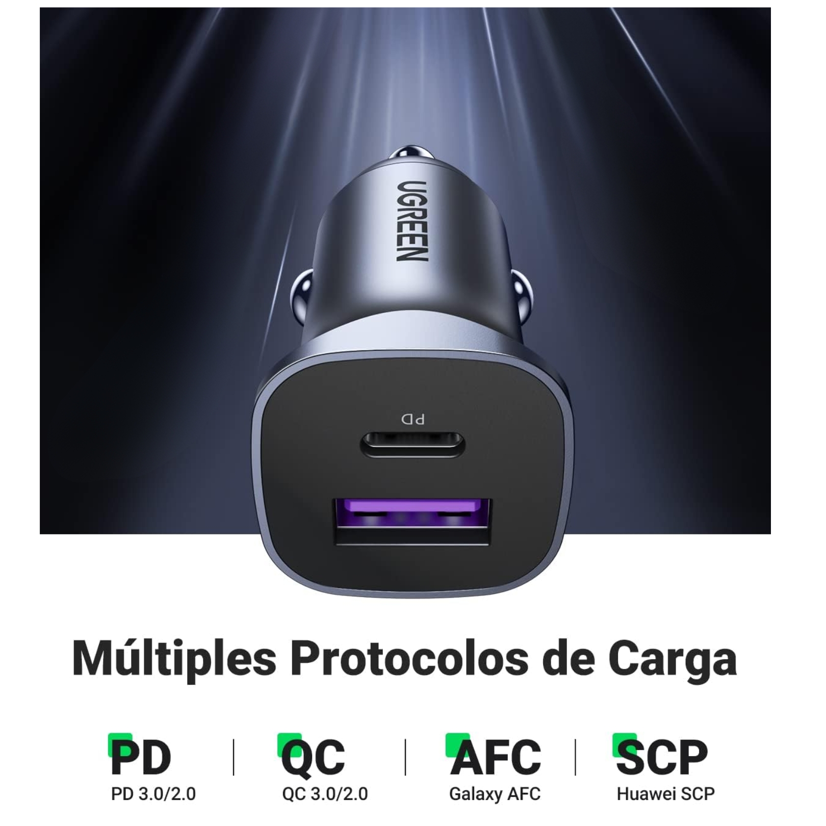 CARGADOR DE AUTO UGREEN CARGA RAPIDA DE PD 30W 22,5W PARA IPHONE  SAMSUNG XIAOMI OPPO HONOR - 2