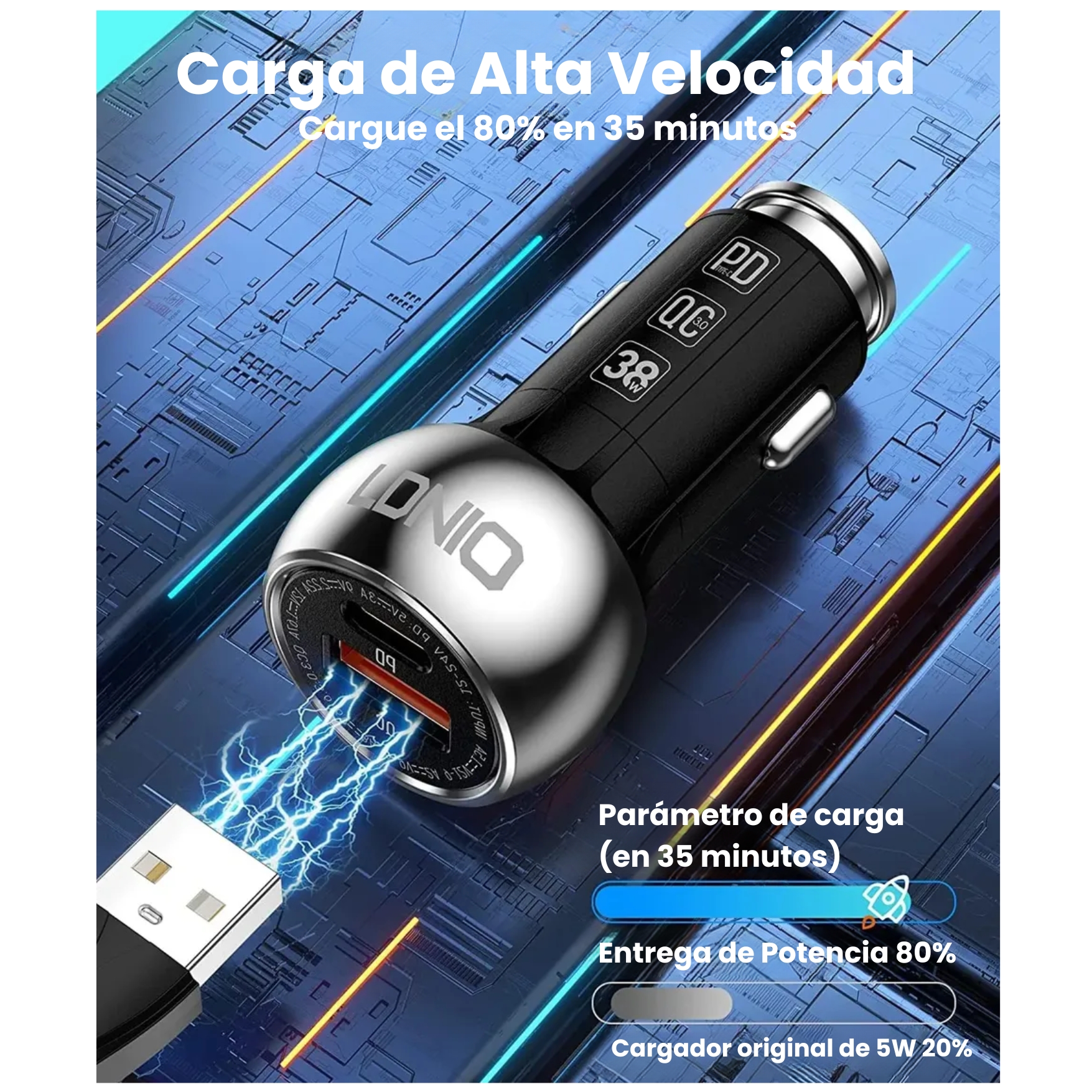 CARGADOR AUTO LDNIO C1 METAL CARGA RÁPIDA 38W TIPO C Y USB + CABLE USB - 4