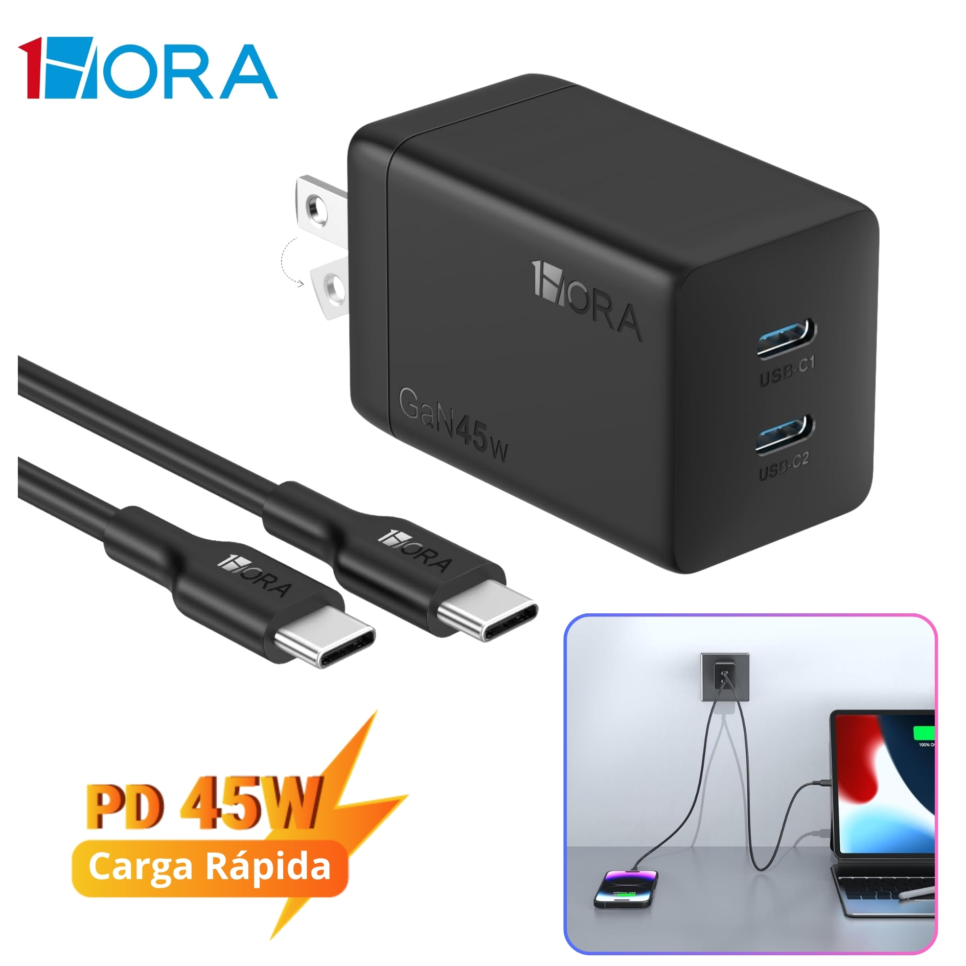 CARGADOR CARGA RAPIDA GAN 45W 1HORA + CABLE TYPE C PARA SAMSUNG HONOR OPPO IPHONE XIOAMI - 1
