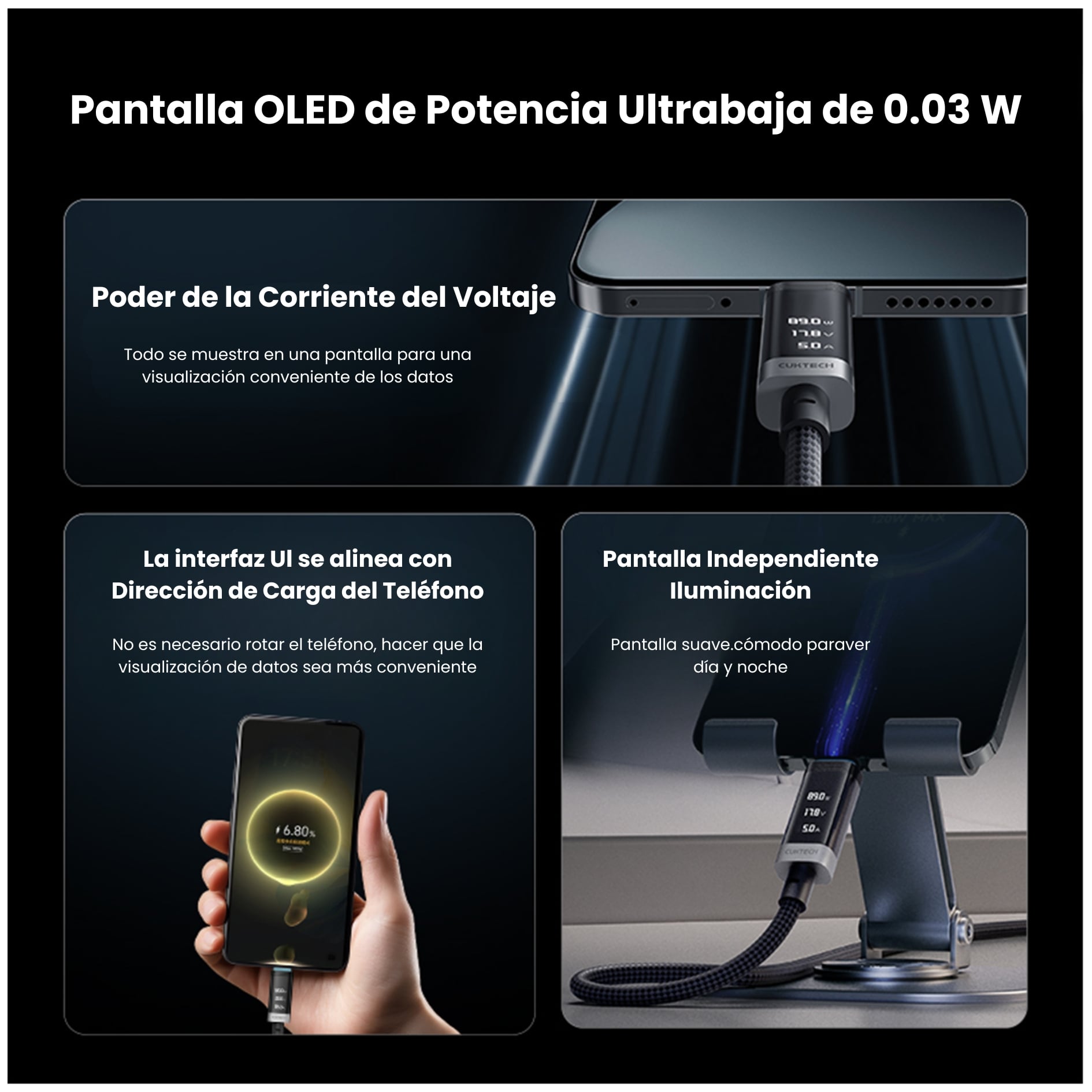 CABLE MAGNETICO TIPO C 240W CUKTECH USB-C 6A PANTALLA OLED CARGA RÁPIDA  1.5M - 3