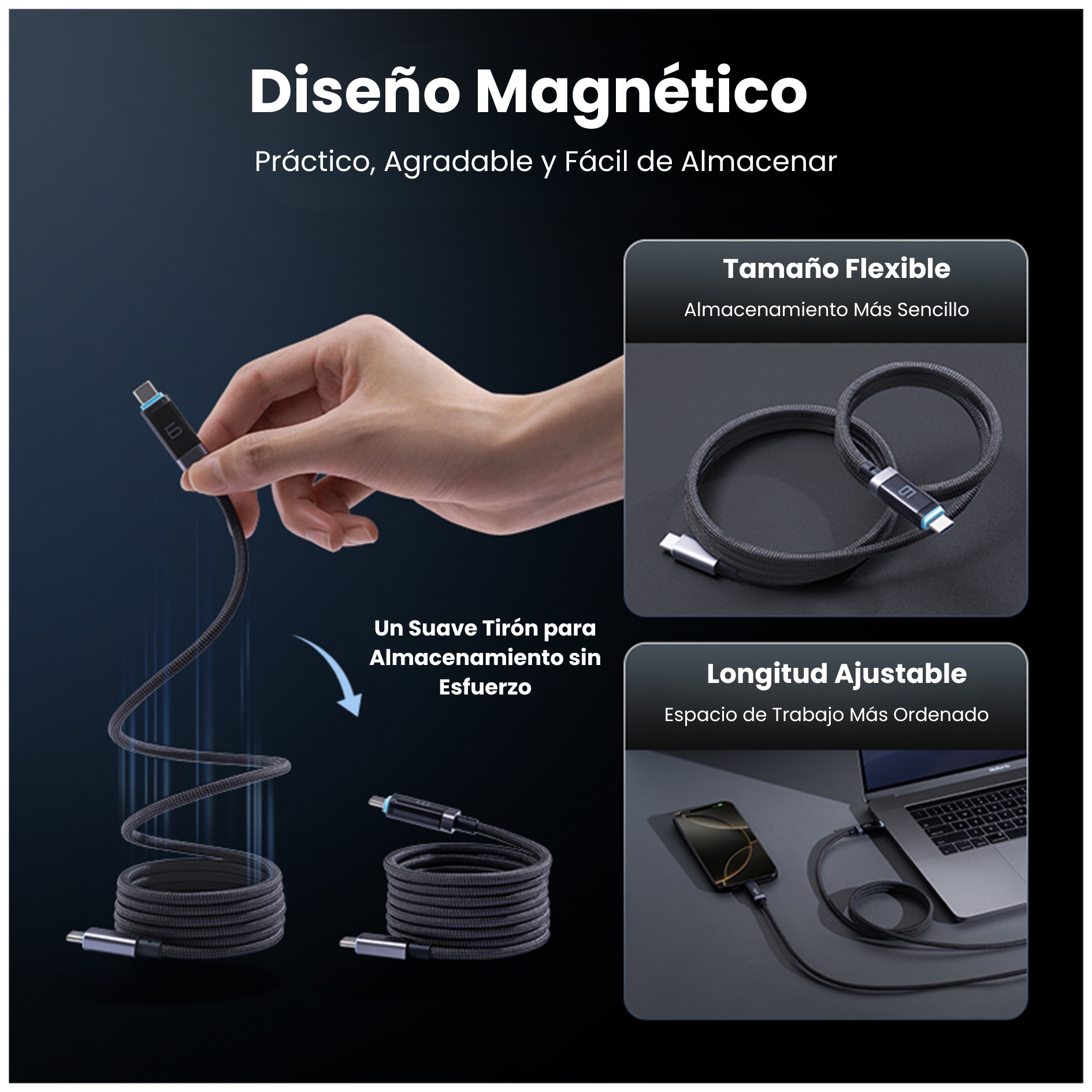 CABLE MAGNETICO TIPO C 240W CUKTECH USB-C 6A PANTALLA OLED CARGA RÁPIDA  1.5M - 6