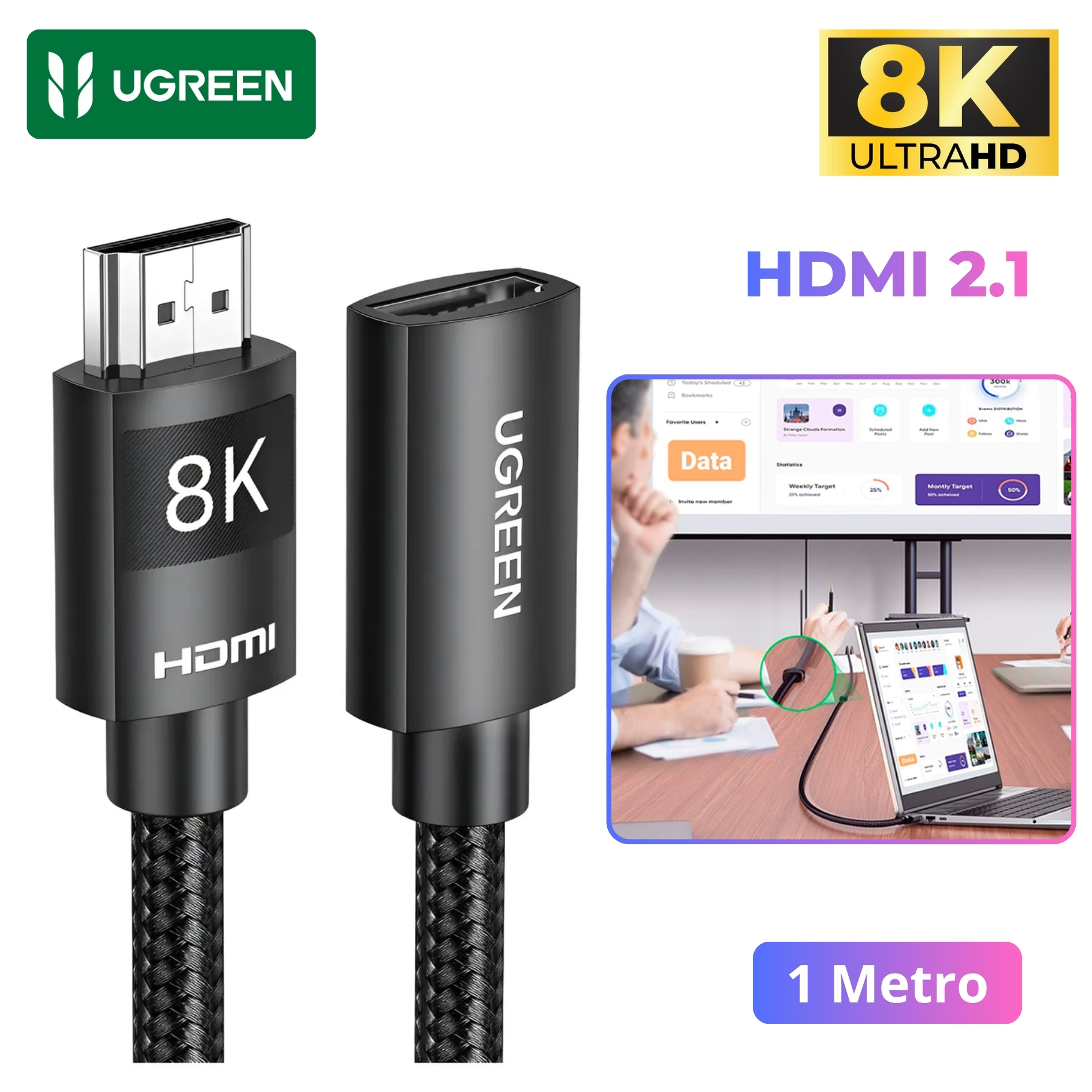 CABLE EXTENSION HDMI UGREEN 8K 2.1 48GBPS HDR 1 METRO 60HZ NYLON  TRENZADO - 1