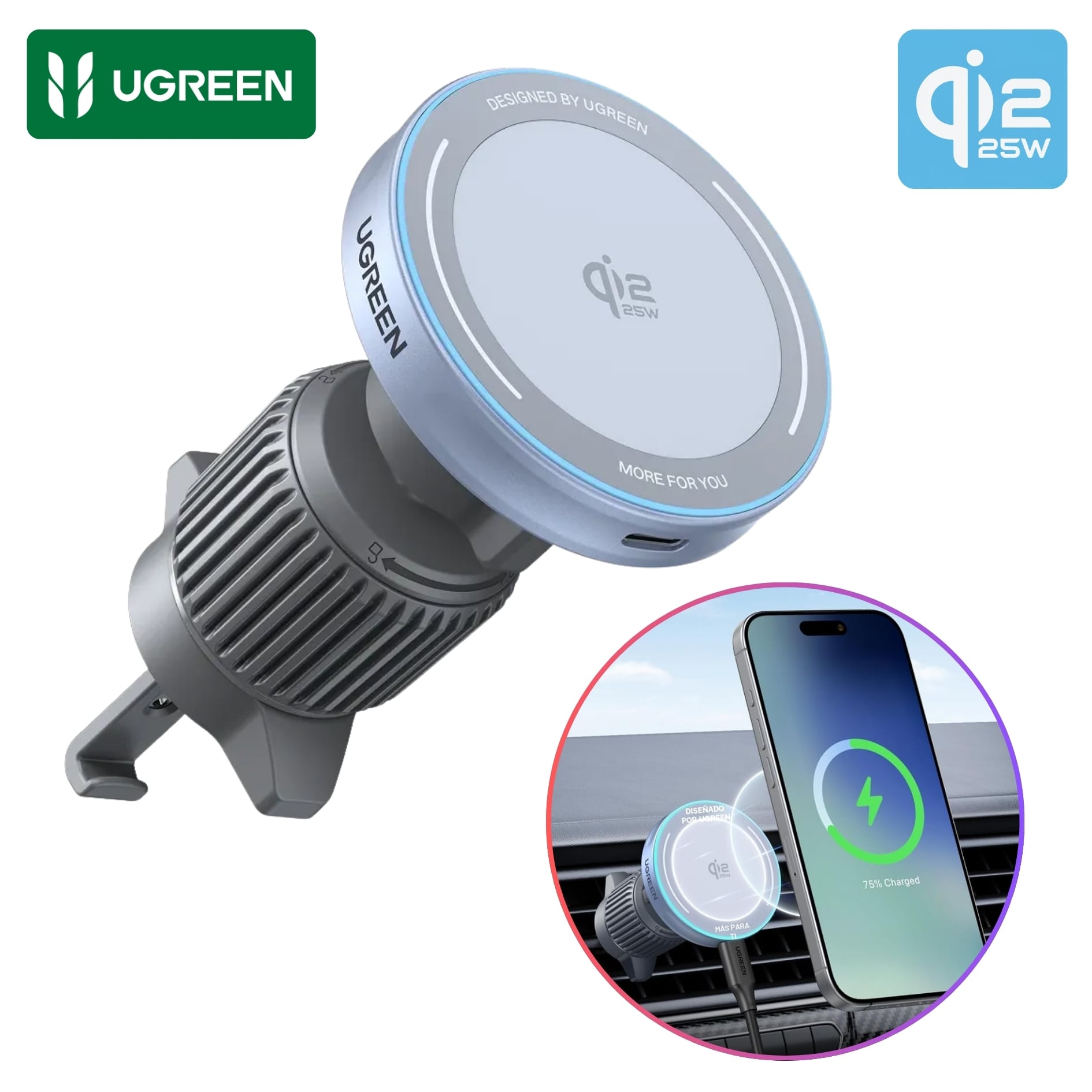 CARGADOR DE AUTO UGREEN INALÁMBRICO MAGFLOW QI2 DE 25W, SOPORTE HOLDER MAGNETICO - 1