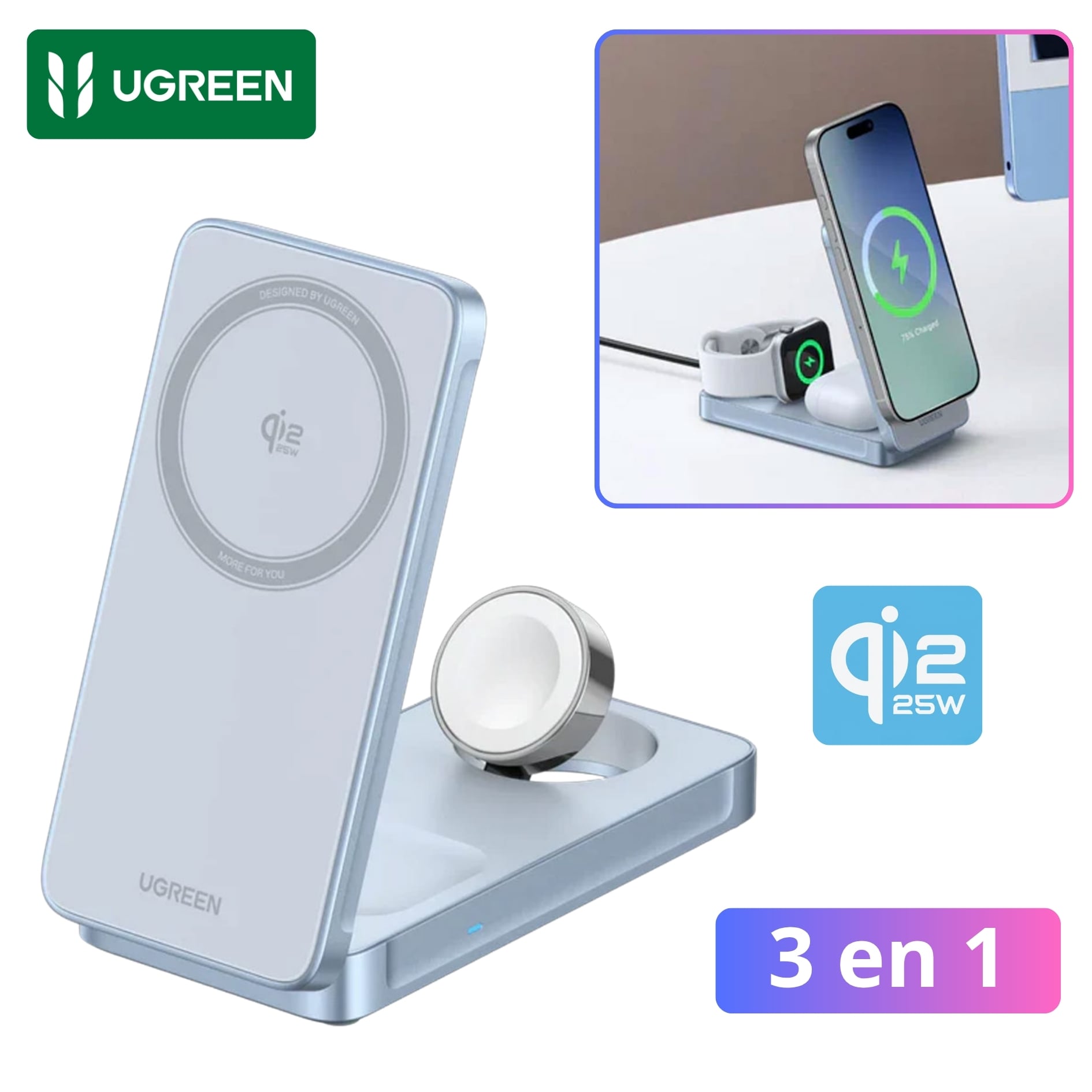 CARGADOR INALÁMBRICO UGREEN MAGFLOW 3 EN 1 PLEGABLE 25W CAGADOR QI2 MAGSAFE AIRPODS SMARTWATCH - 1