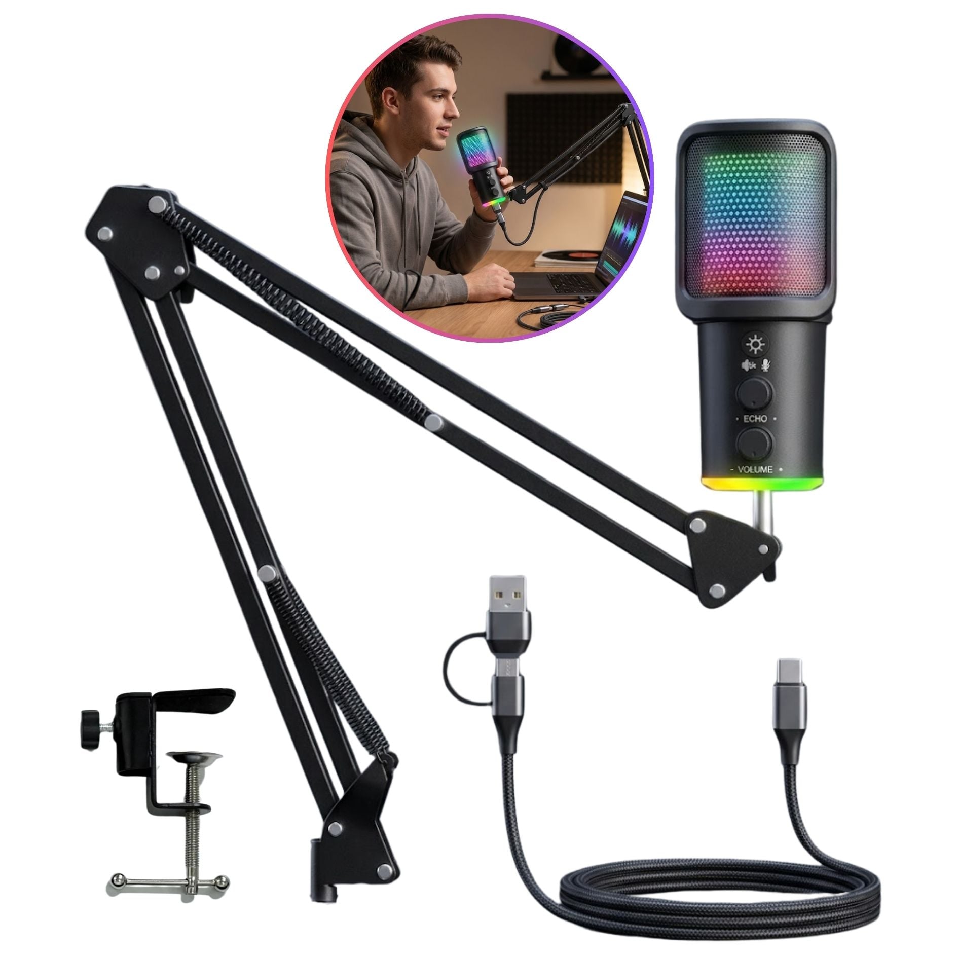 MICRÓFONO GAMER CARDIOIDE RGB USB CON SOPORTE DE BRAZO DE ESCRITORIO PARA PC, CELULAR Y PODCAST - 1