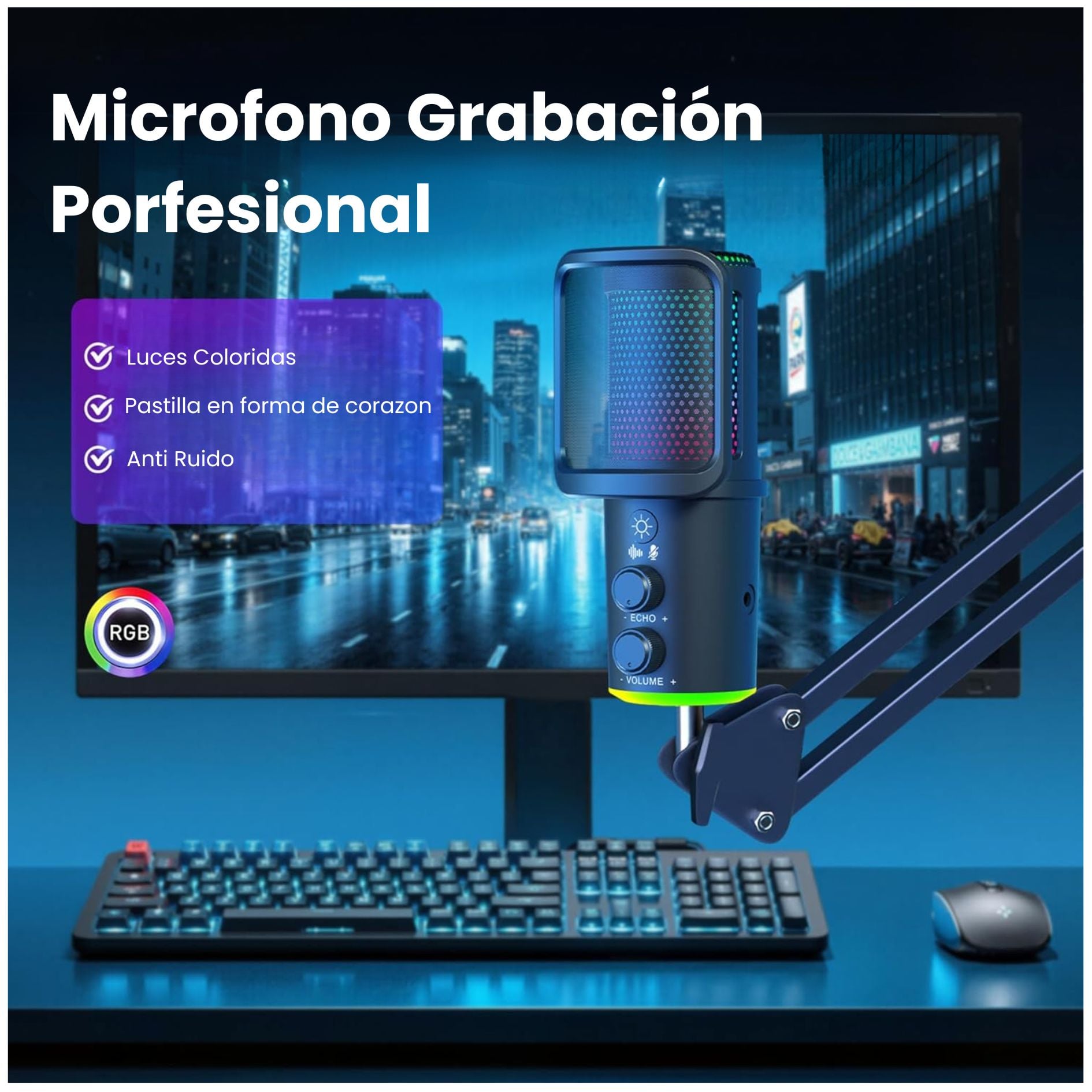 MICRÓFONO GAMER CARDIOIDE RGB USB CON SOPORTE DE BRAZO DE ESCRITORIO PARA PC, CELULAR Y PODCAST - 3