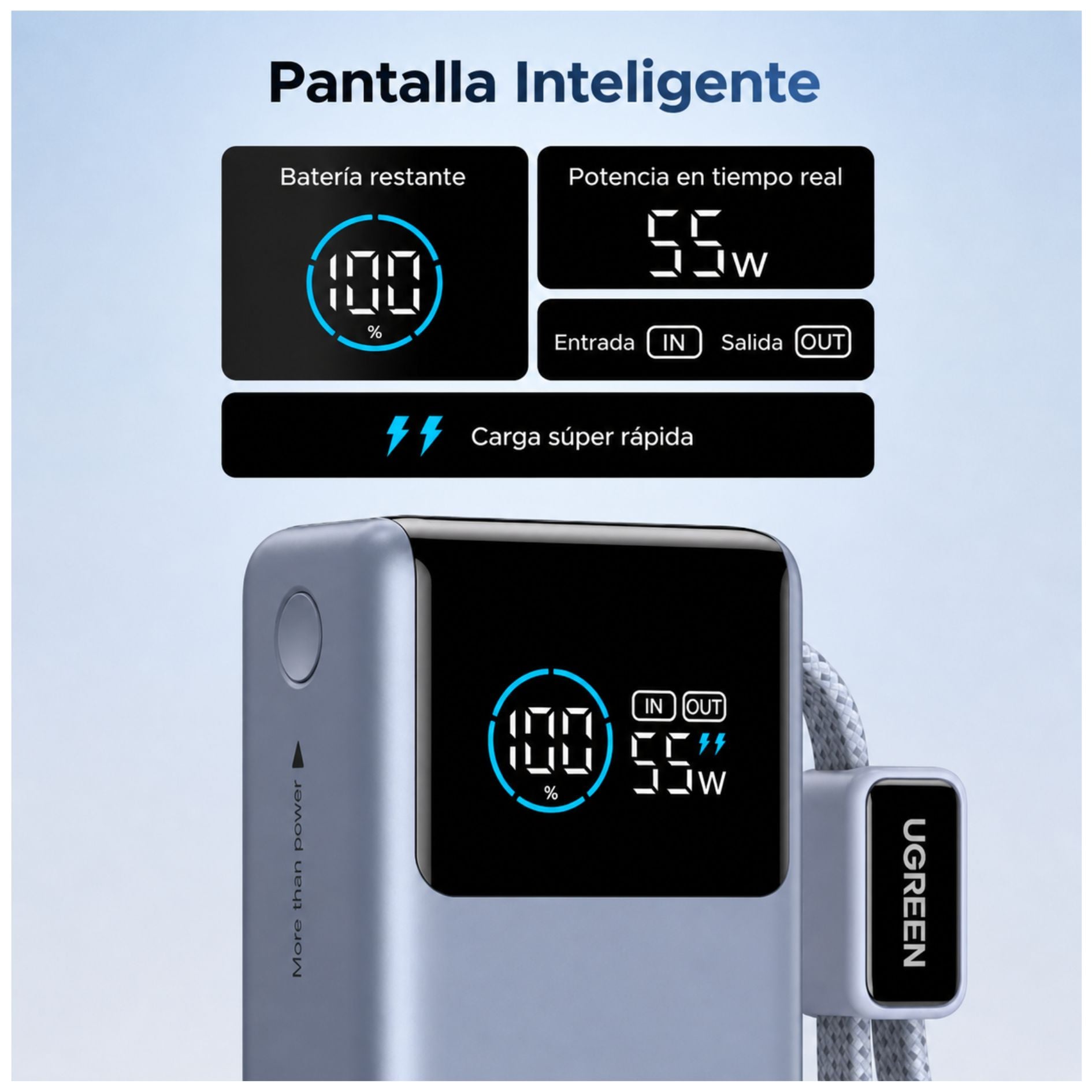 POWER BANK NEXODE PRO UGREEN 10000MAH 55W CABLE INTEGRADO CARGADOR PORTATIL - 3