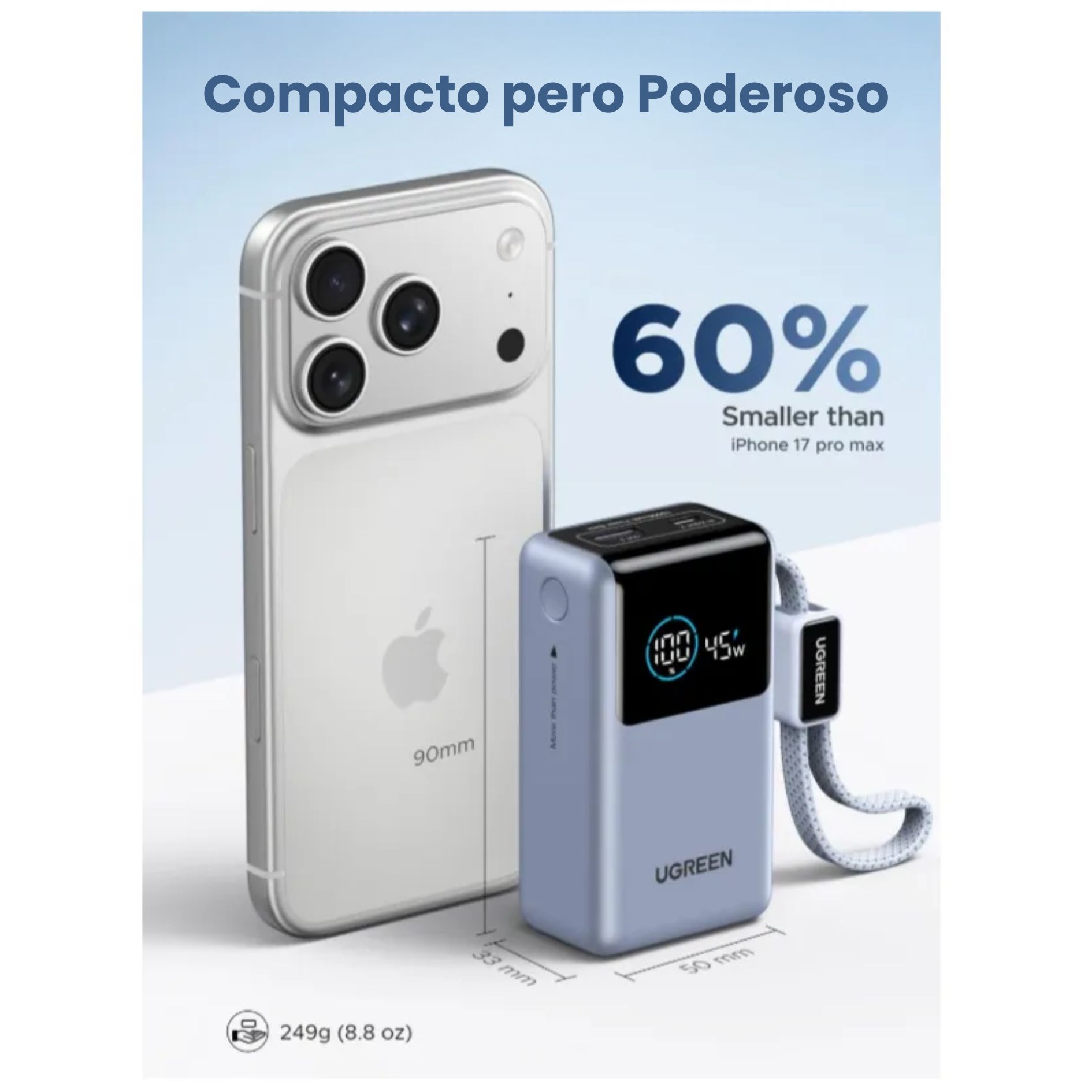 POWER BANK NEXODE PRO UGREEN 10000MAH 55W CABLE INTEGRADO CARGADOR PORTATIL - 7