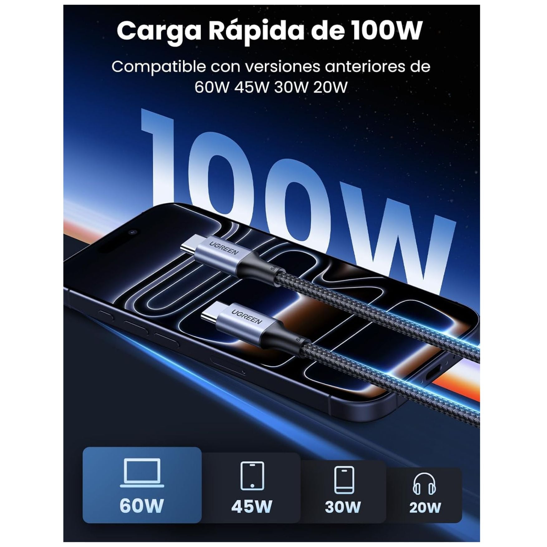 CABLE UGREEN TYPE C A USB C DE 100W CARGA RAPIDA PARA MACBOOK LAPTOP IPHONE SAMSUNG HONOR XIAOMI - 3