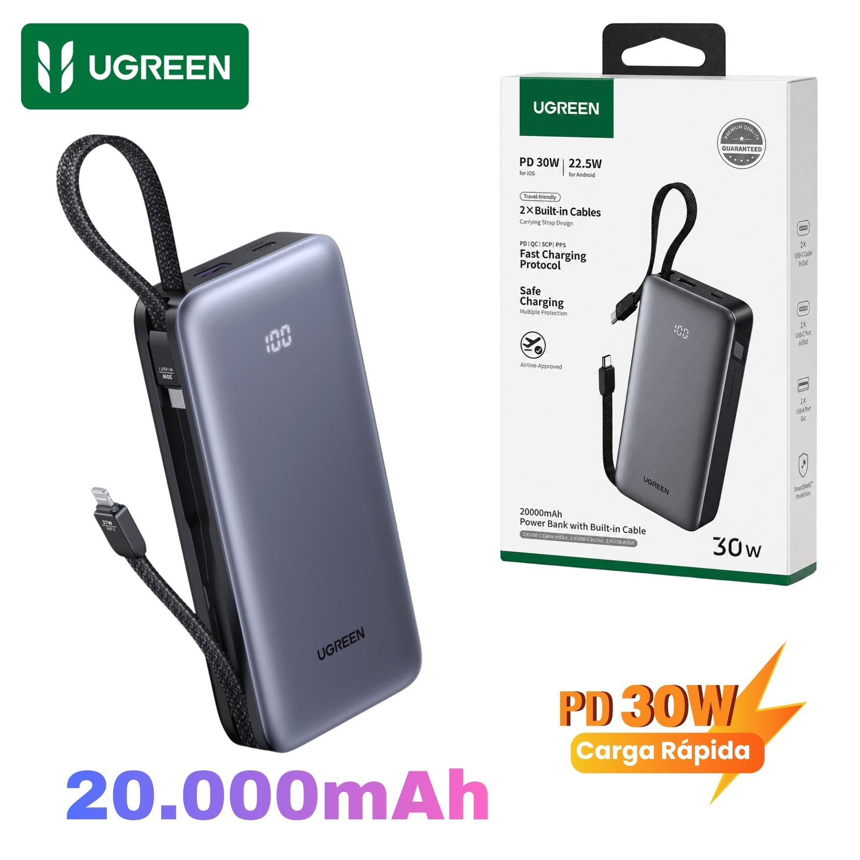 POWER BANK UGREEN 20000MAH CARGA RAPIDA 30W CABLE INTEGRADO LIGHTNING TYPE C BATERÍA PORTÁTIL - 1