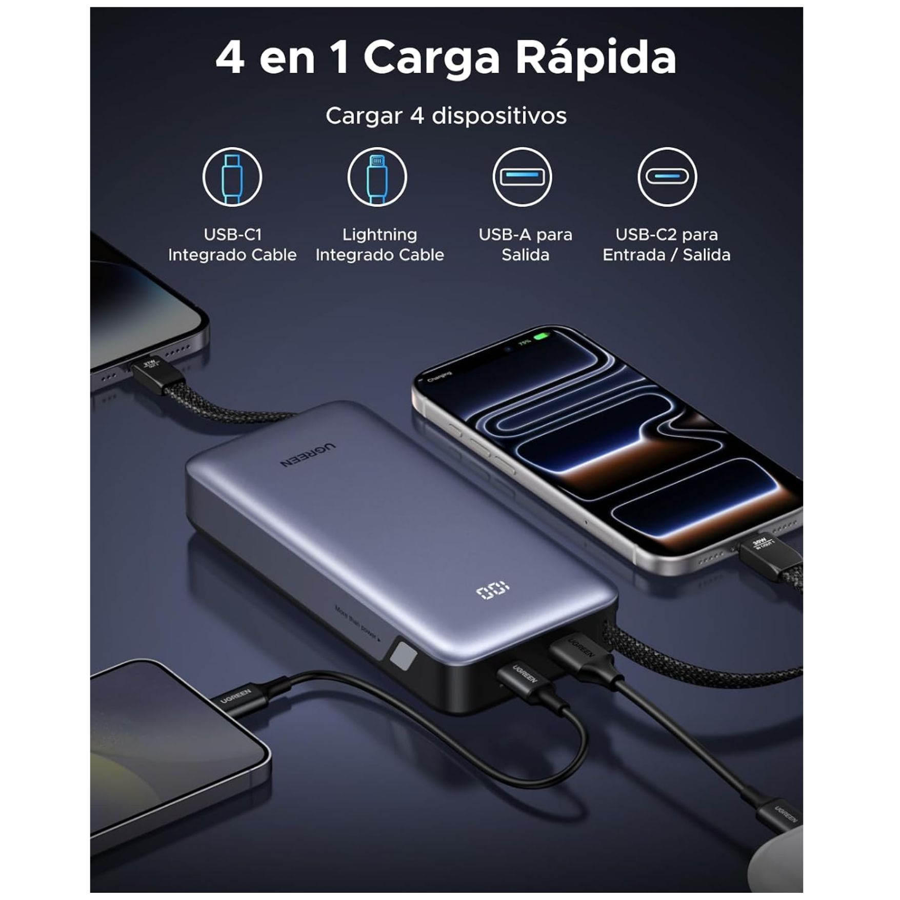 POWER BANK UGREEN 20000MAH CARGA RAPIDA 30W CABLE INTEGRADO LIGHTNING TYPE C BATERÍA PORTÁTIL - 2