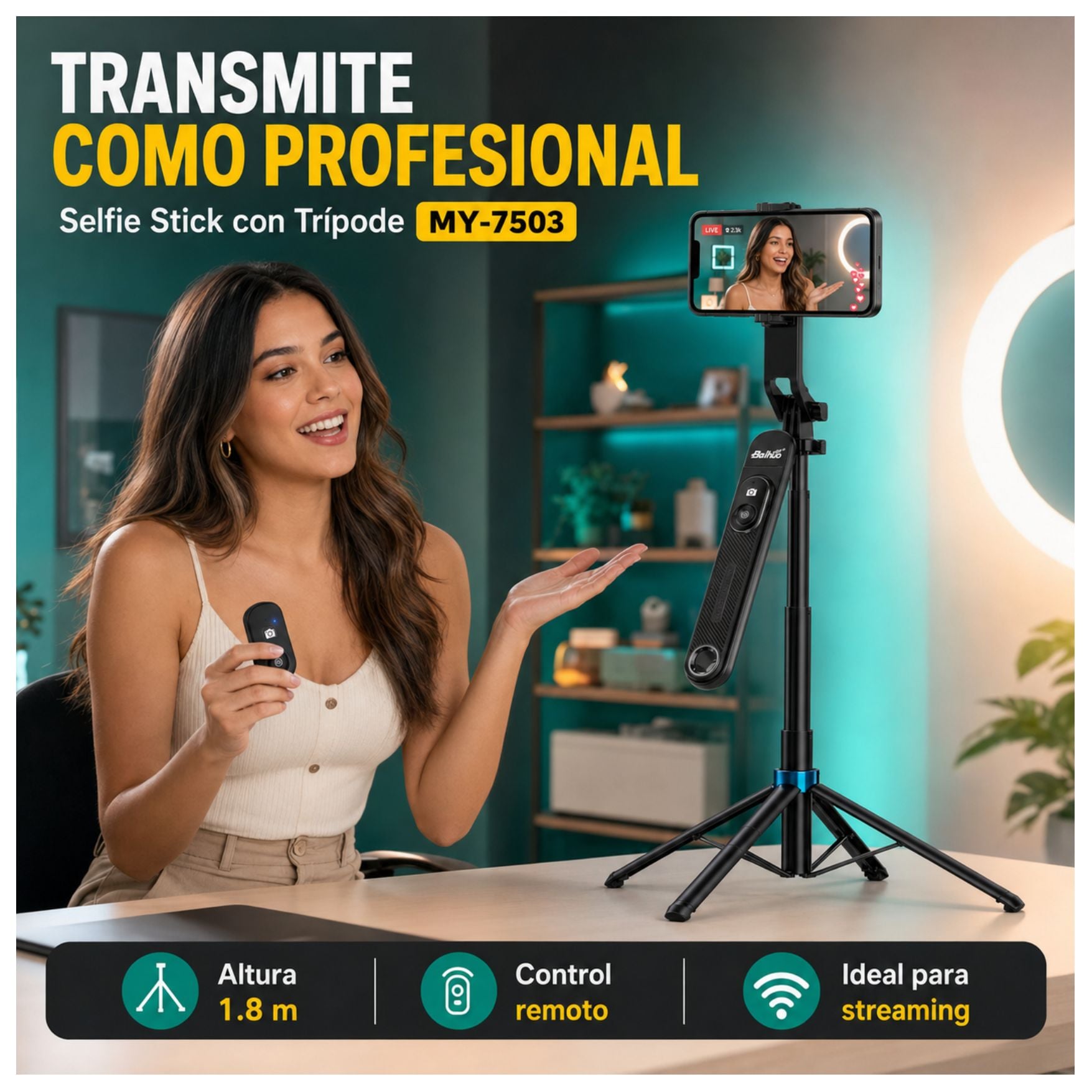 TRIPODE SELFIE STICK EXPANDIBLE 1.80M BLUETOOTH PORTATIL PARA CELULAR Y CAMARA TRANSMISIONES LIVE - 2