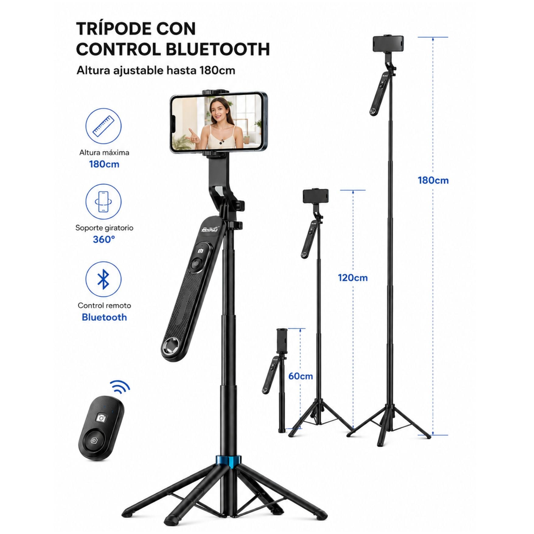 TRIPODE SELFIE STICK EXPANDIBLE 1.80M BLUETOOTH PORTATIL PARA CELULAR Y CAMARA TRANSMISIONES LIVE - 5