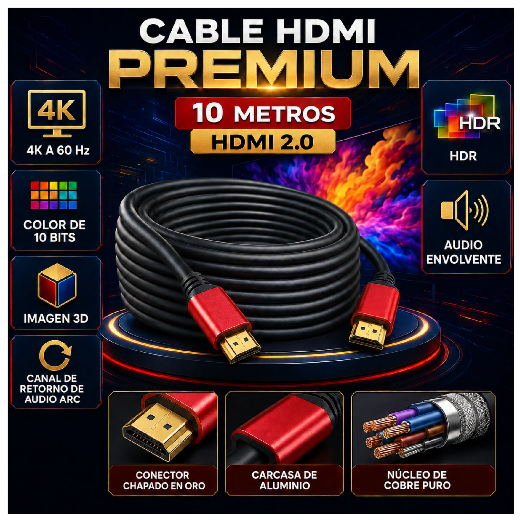 CABLE HDMI 2.0 4K 60HZ, ALTA DEFINICIÓN ULTRA HD 10 METROS PARA TV PROYECTOR PS5 XBOX PC - 5