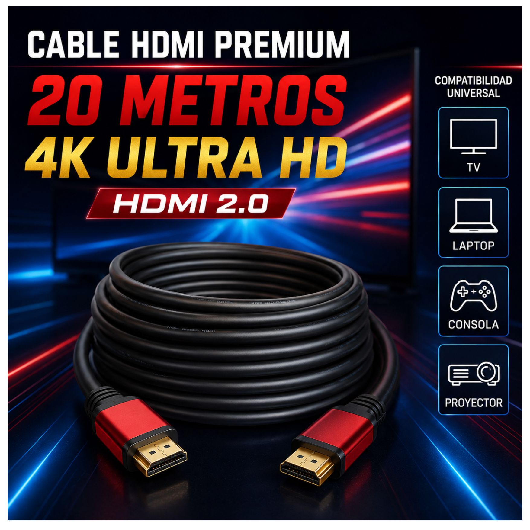 CABLE HDMI 2.0 4K 60HZ, ALTA DEFINICIÓN ULTRA HD 20 METROS PARA TV PROYECTOR PS5 XBOX PC CABLE HDMI - 4