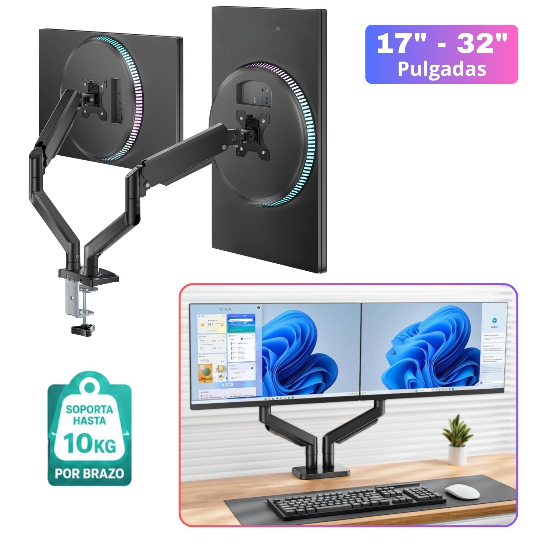SOPORTE BRAZO PARA 2 MONITOR CURVO LCD ARTICULADO GIRATORIO 17 - 32 PULGADAS RACK SOPORTE FLEXIBLE - 1