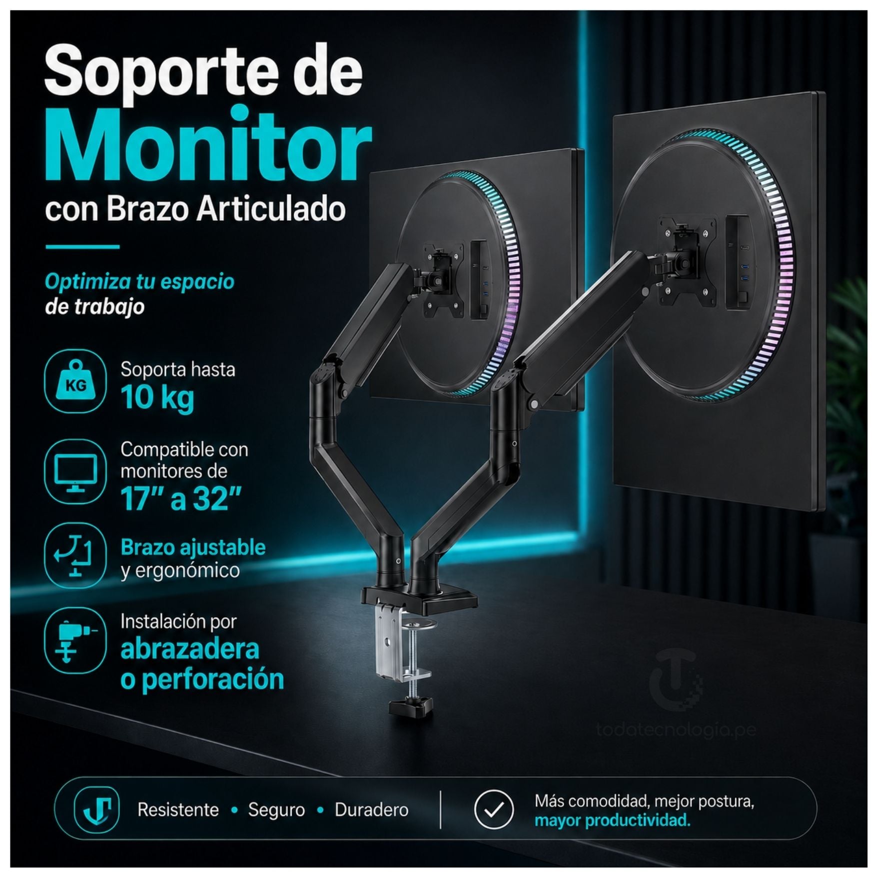 SOPORTE BRAZO PARA 2 MONITOR CURVO LCD ARTICULADO GIRATORIO 17 - 32 PULGADAS RACK SOPORTE FLEXIBLE - 4