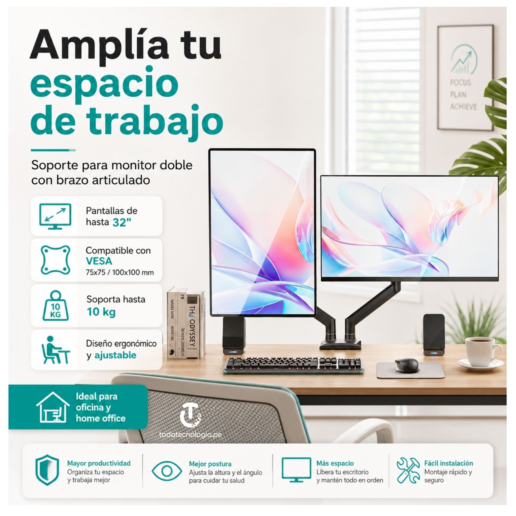SOPORTE BRAZO PARA 2 MONITOR CURVO LCD ARTICULADO GIRATORIO 17 - 32 PULGADAS RACK SOPORTE FLEXIBLE - 5