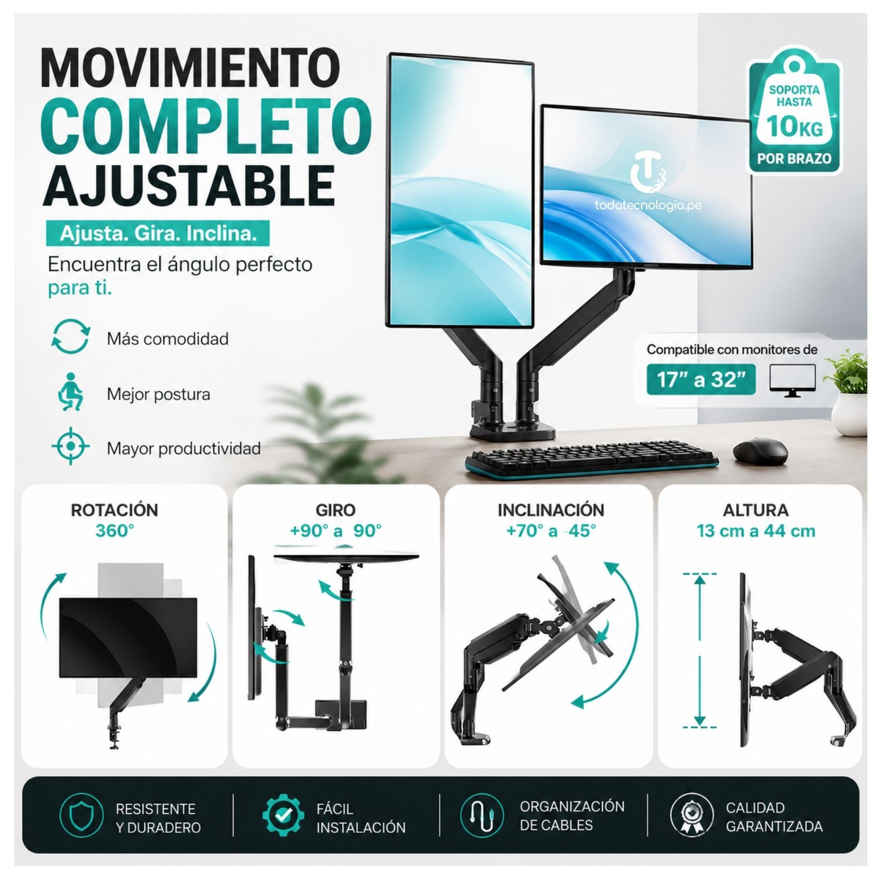 SOPORTE BRAZO PARA 2 MONITOR CURVO LCD ARTICULADO GIRATORIO 17 - 32 PULGADAS RACK SOPORTE FLEXIBLE - 6