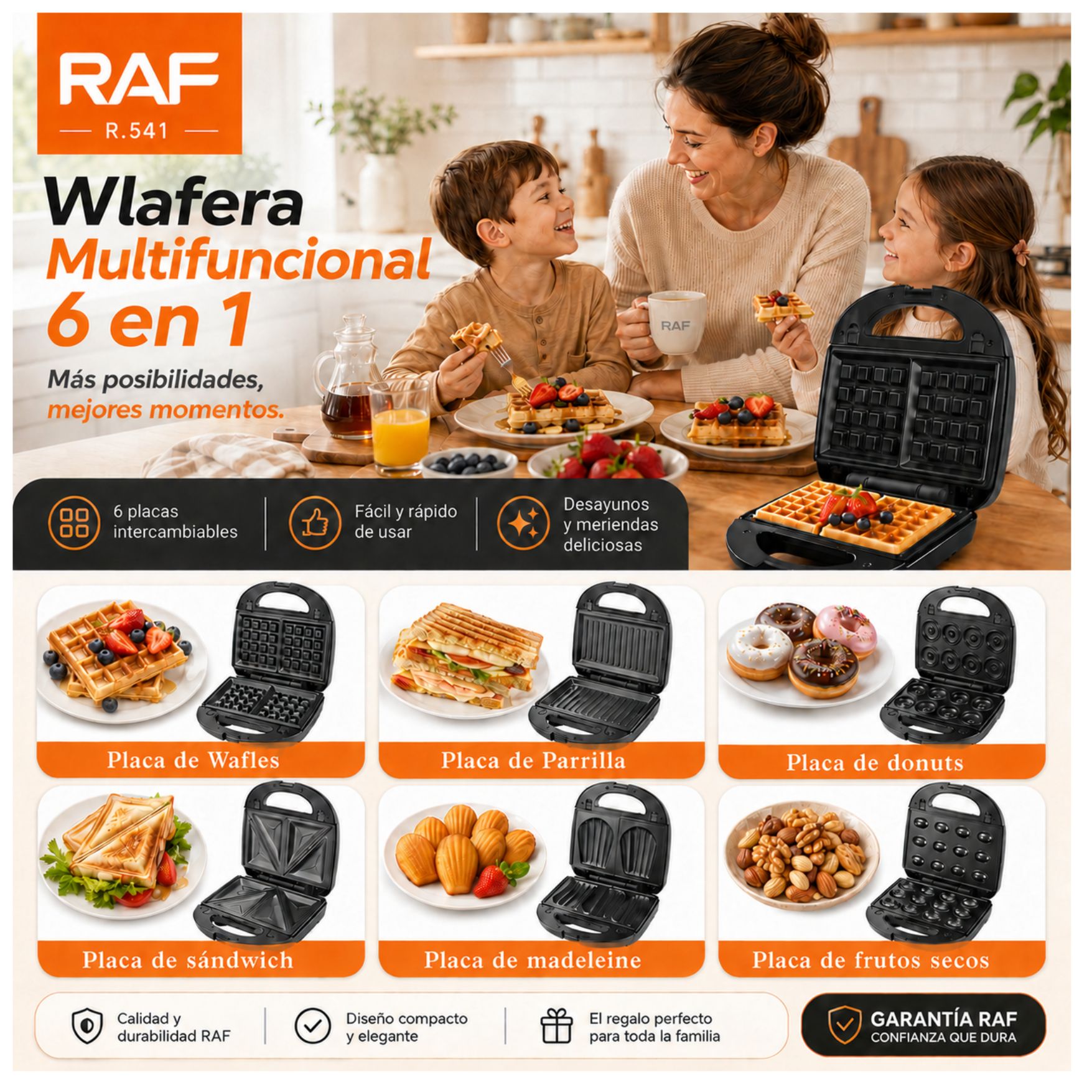 SANDWICHERA WAFLERA DONUTS DONAS PARRILLA MULTIFUNCIONAL 6 EN 1 RAF CON PLACAS INTERCAMBIABLES - 4