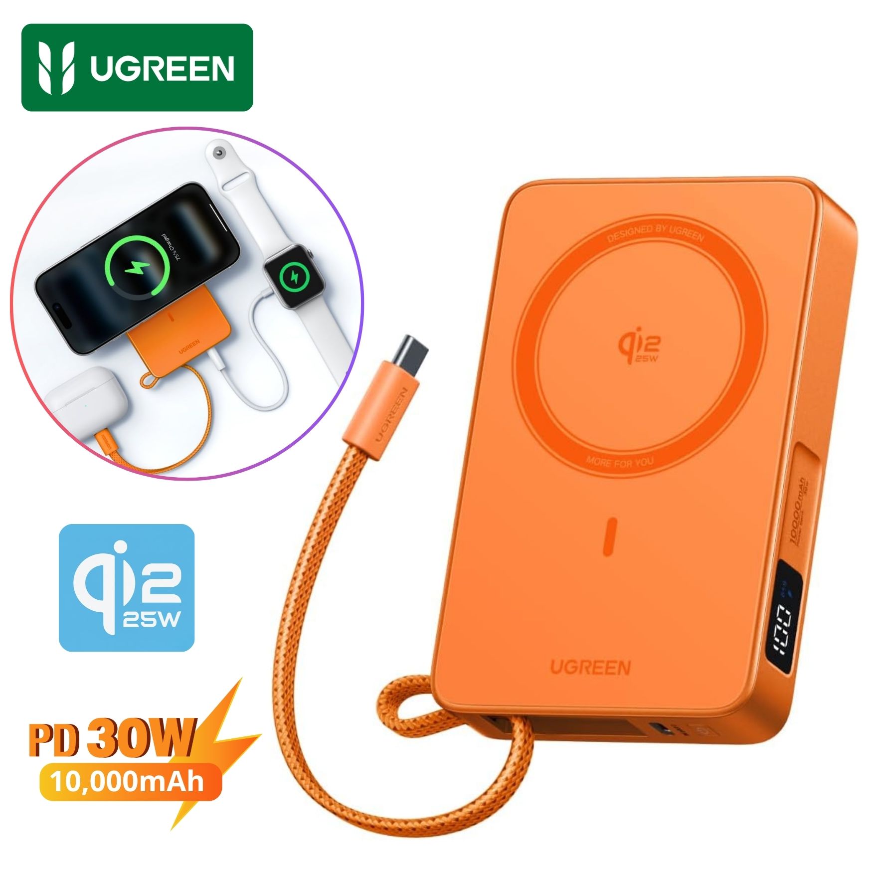 POWER BANK UGREEN 30W CARGADOR INALÁMBRICO QI2 MAGFLOW DE 25 W MAGSAFE 2 EN 1 - 1