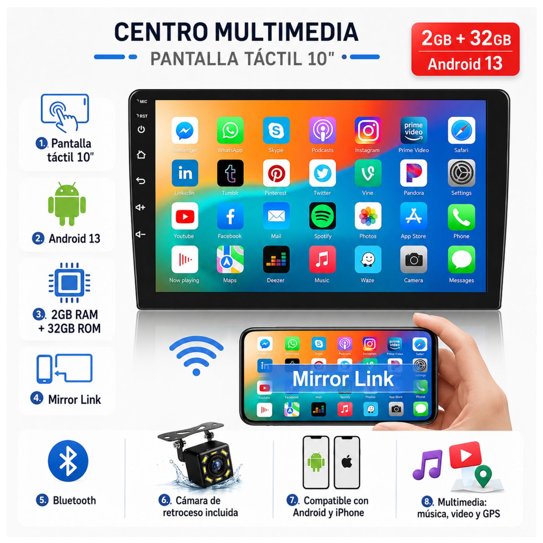 AUTORADIO ANDROID CON PANTALLA TACTIL 10 PULGADAS 2+32GB GPS WIFI BLUETOOTH Y CÁMARA RETROVISOR - 6