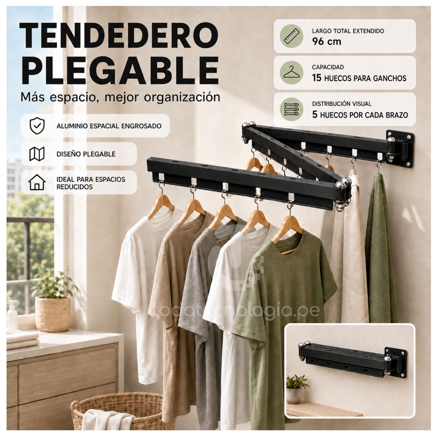 TENDEDERO DE ROPA PLEGABLE DE METAL PARA PARED 96 CM PARA LAVANDERIA EXTENSIBLE MODERNO - 2
