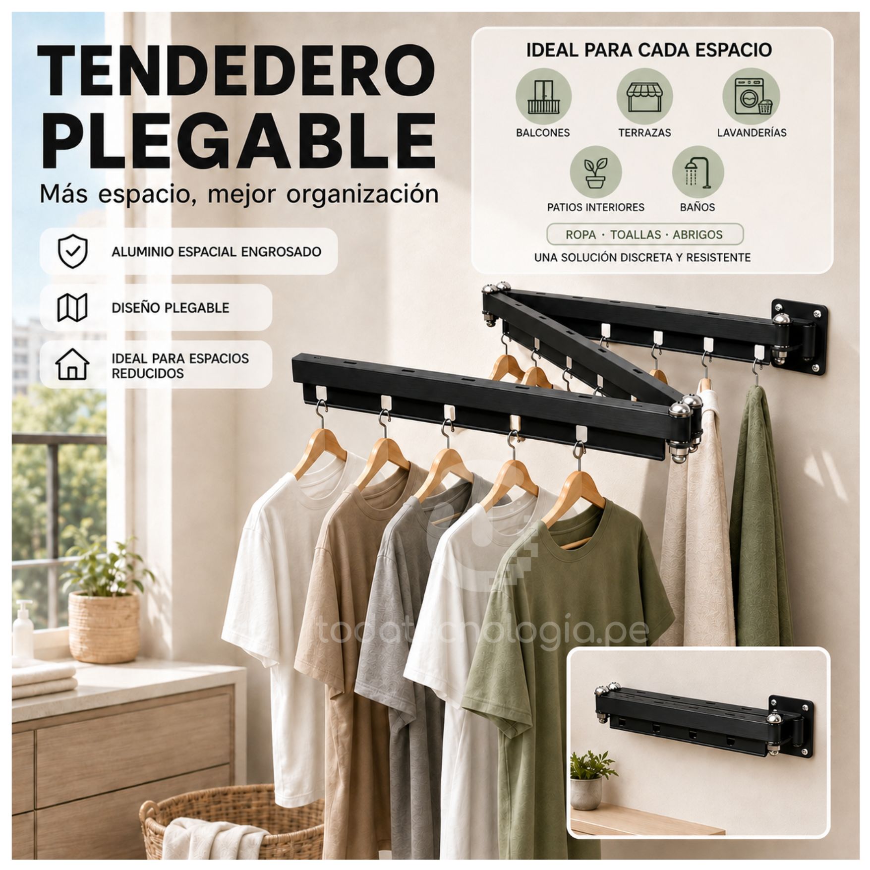 TENDEDERO DE ROPA PLEGABLE DE METAL PARA PARED 96 CM PARA LAVANDERIA EXTENSIBLE MODERNO - 4