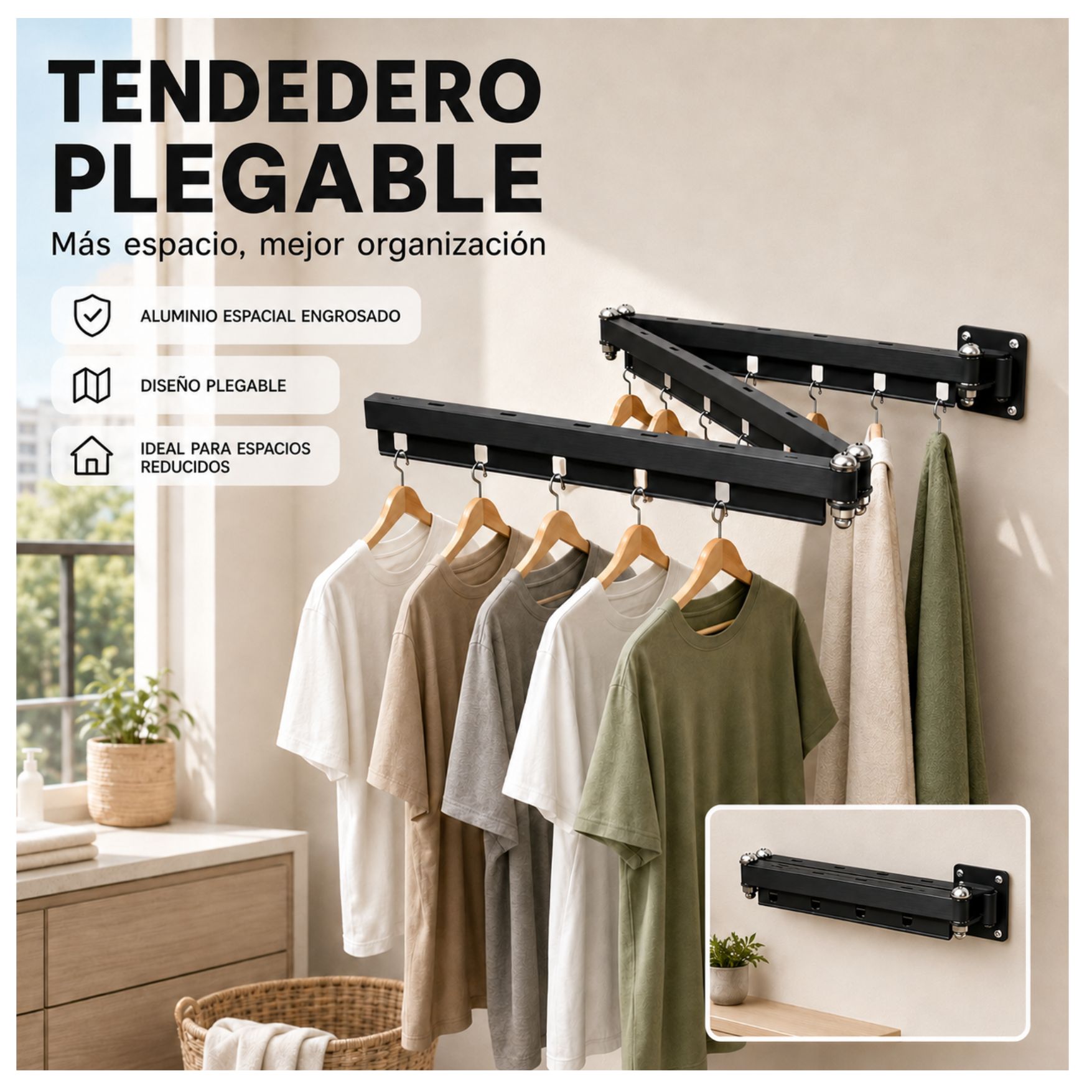TENDEDERO DE ROPA PLEGABLE DE METAL PARA PARED 96 CM PARA LAVANDERIA EXTENSIBLE MODERNO - 7