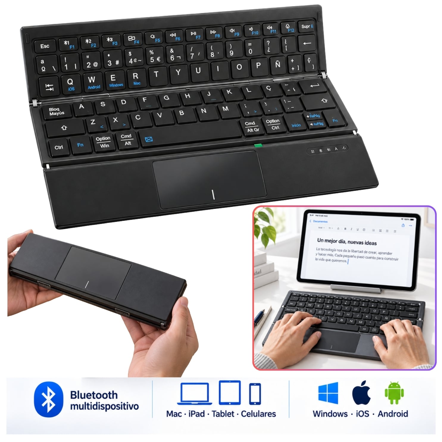 TECLADO INALAMBRICO BLUETOOTH PLEGABLE RECARGABLE PORTATIL  + ESTUCHE PARA TABLET IPAD CELULAR - 1