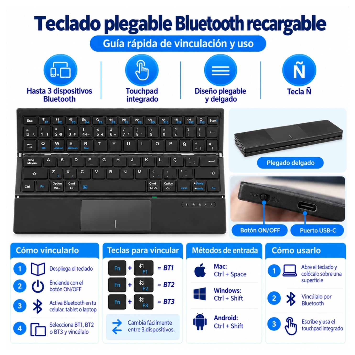 TECLADO INALAMBRICO BLUETOOTH PLEGABLE RECARGABLE PORTATIL  + ESTUCHE PARA TABLET IPAD CELULAR - 3