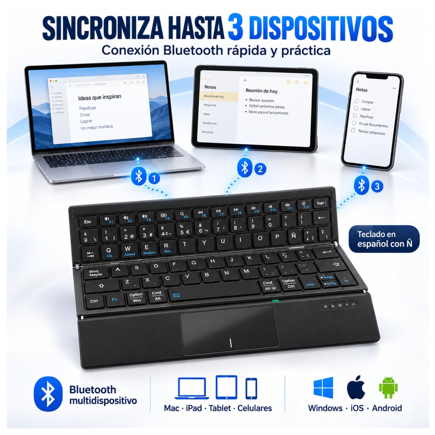 TECLADO INALAMBRICO BLUETOOTH PLEGABLE RECARGABLE PORTATIL  + ESTUCHE PARA TABLET IPAD CELULAR - 4